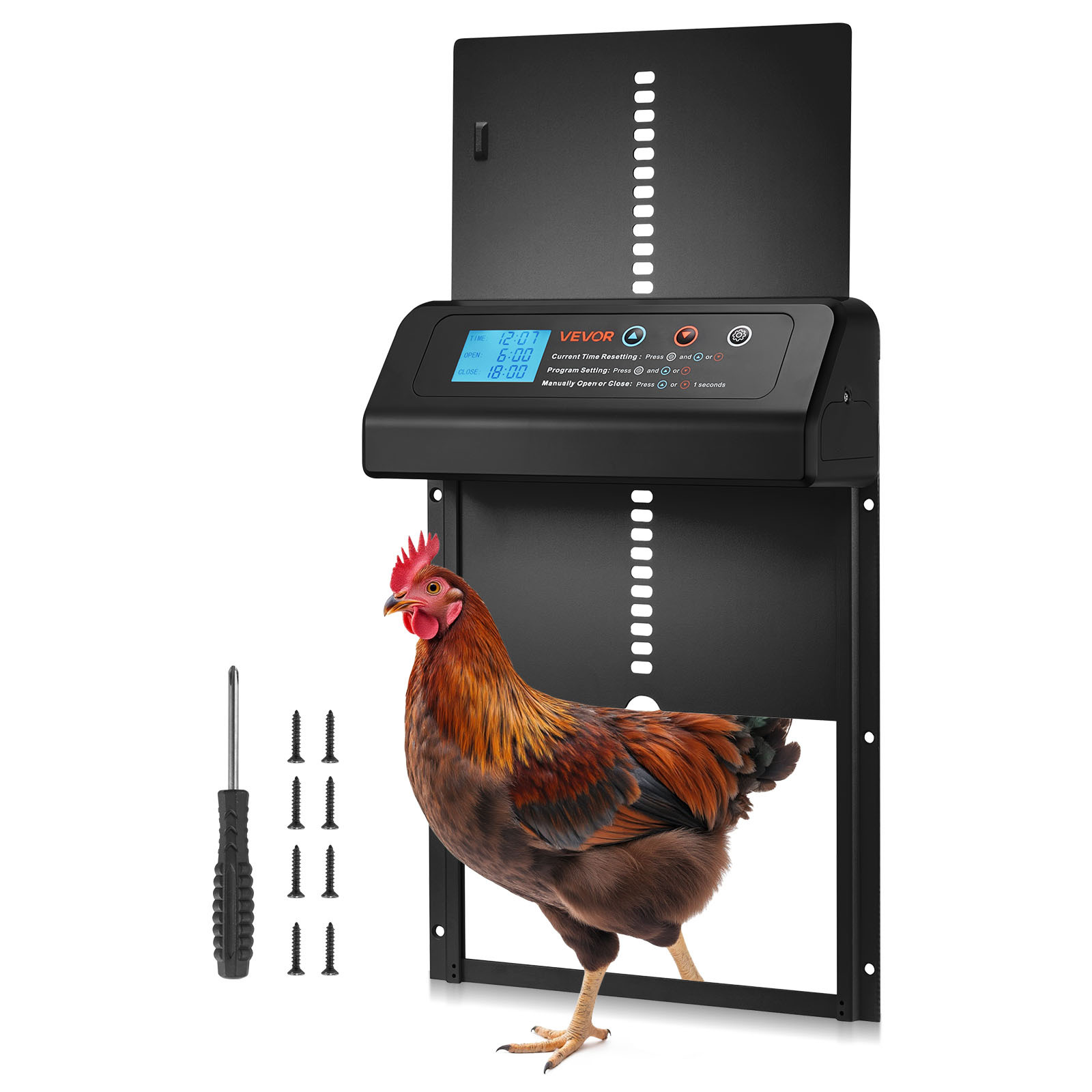 Image of Vevor Automatic Chicken Coop Door, Battery Powered Chicken Coop Door With Timer & Manual Setting, Anti-pinch Security, Durable Aluminum Alloy, Auto Chick Run Gate Opener With Sealing, Black