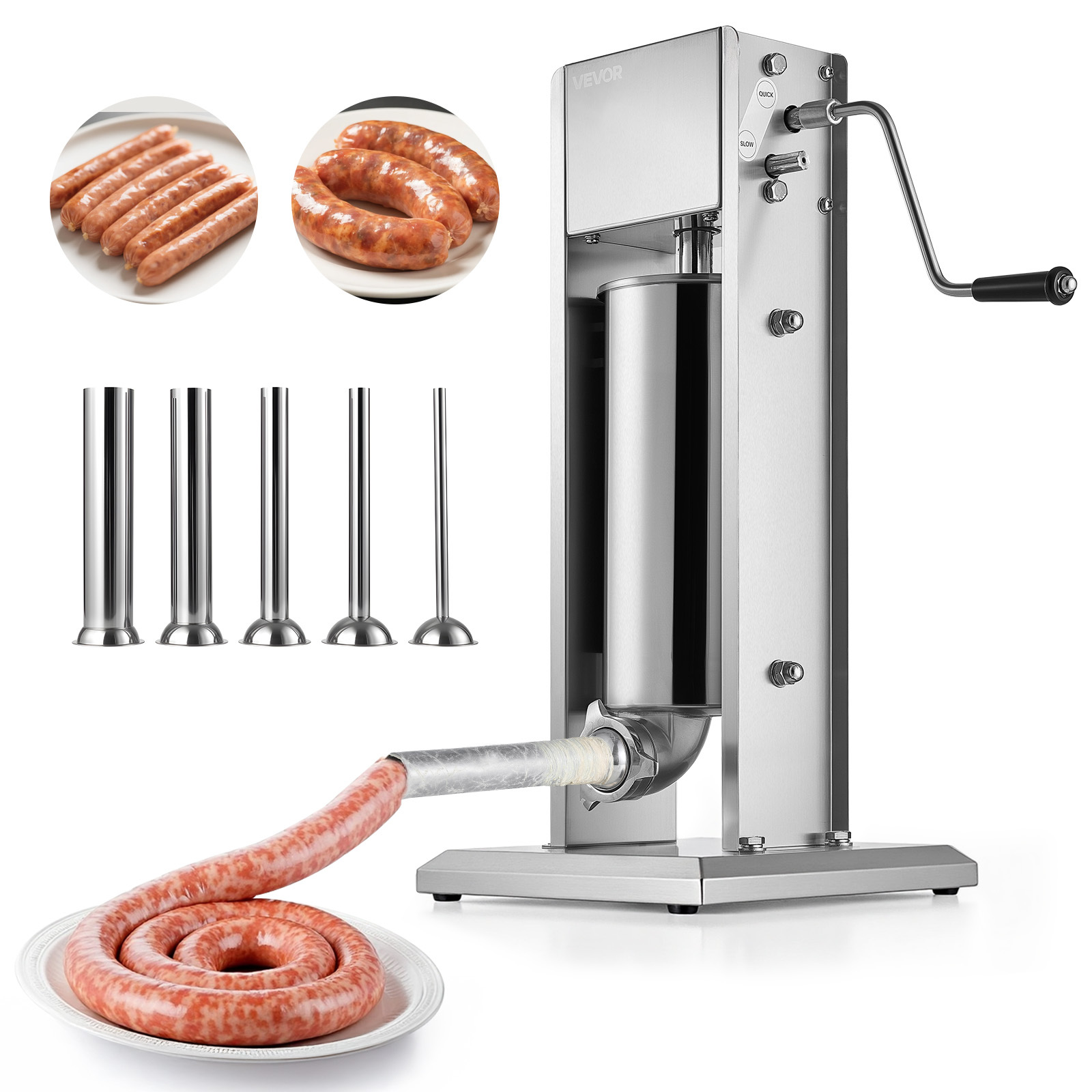 Image of Vevor Manual Sausage Stuffer, 11 Lbs / 5 L Vertical Meat Stuffer, Dual-speed Sausage Casing Meat Filling Machine, Stainless Steel Heavy Duty Filler With 5 Stuffing Tubes, For Commercial & Home Use
