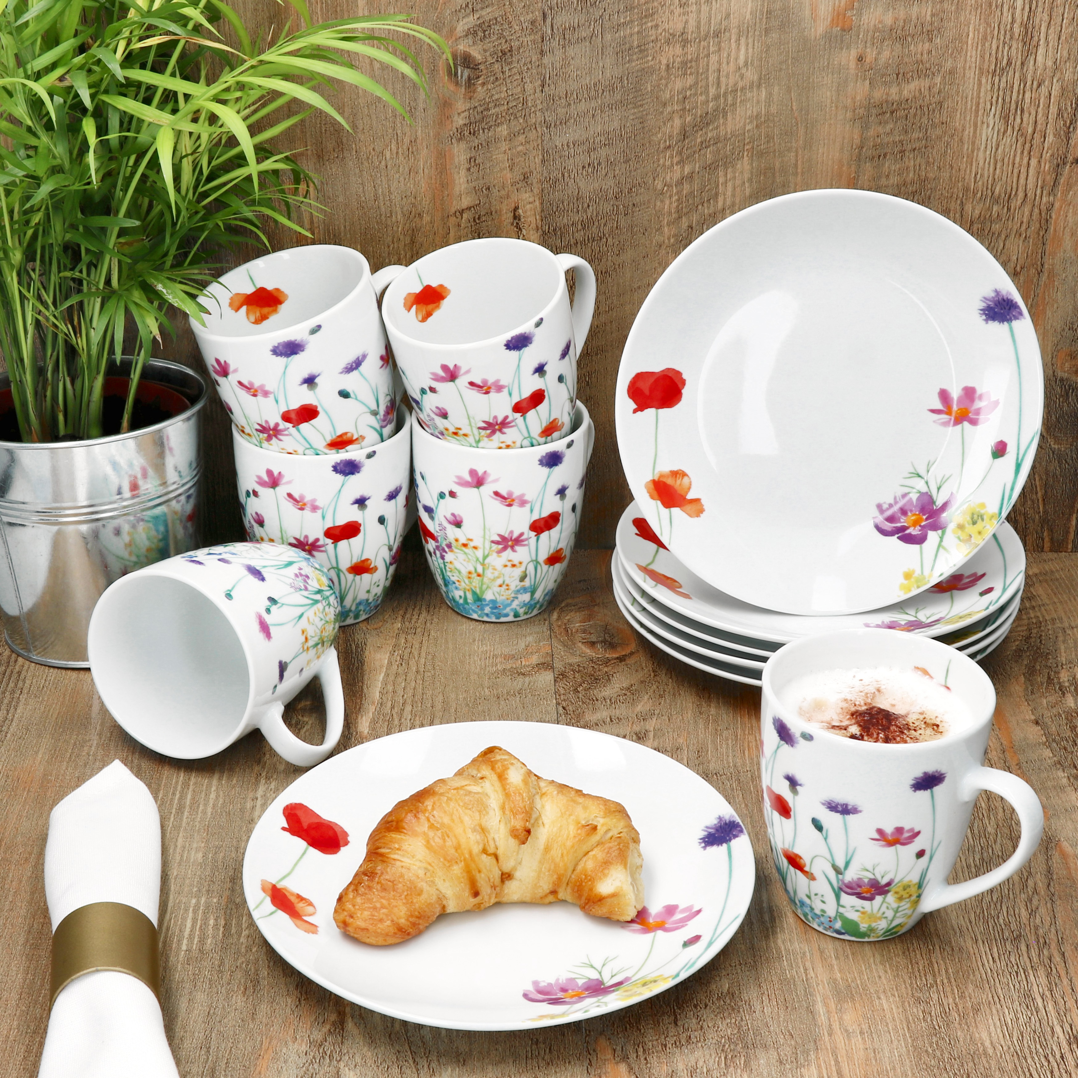 Image of 12pcs Breakfast Set For 6 People, Plates, Coffee Cups, Flowers