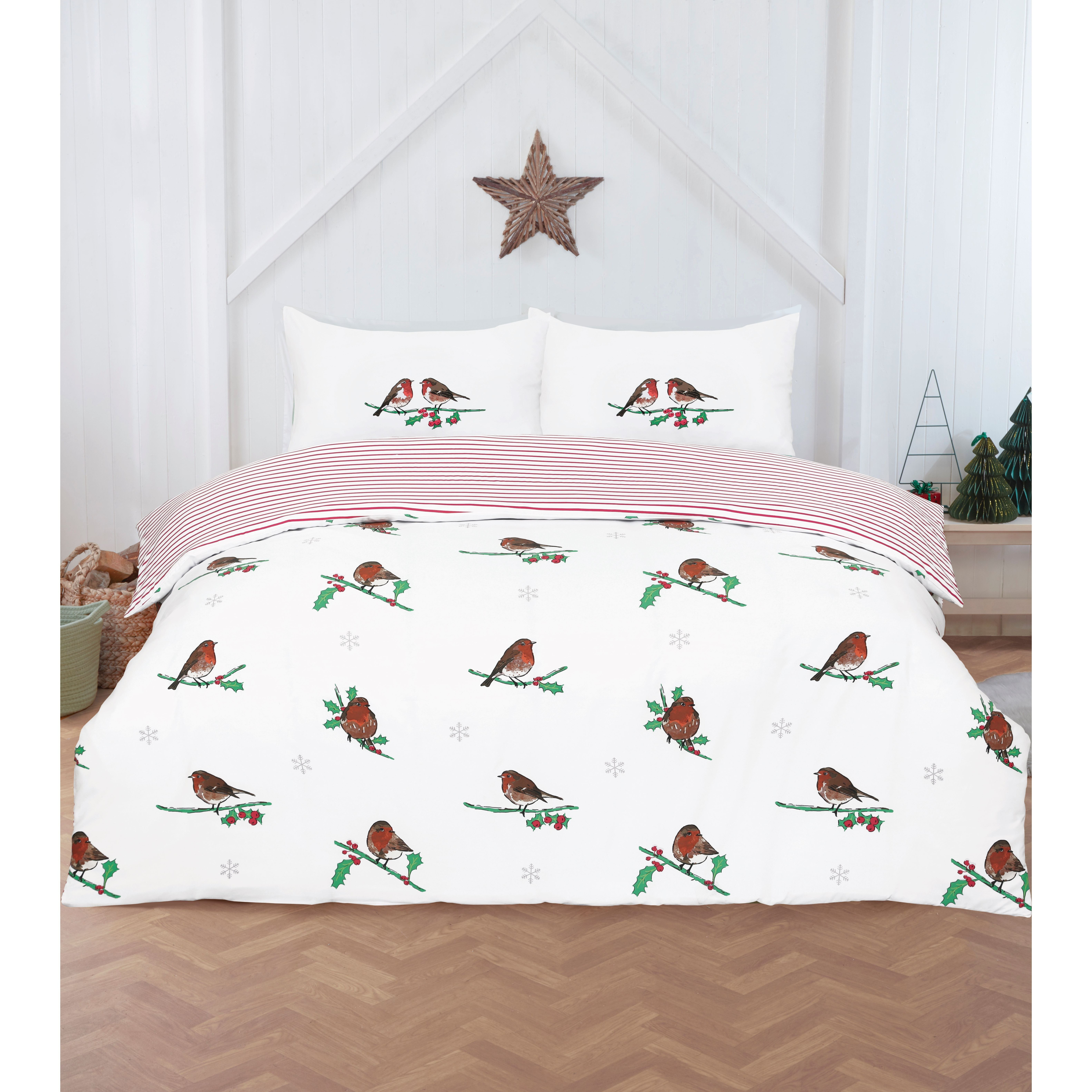 TEMU Winter Robin Duvet Cover Set | Festive Christmas Bedding With Robin & Holly Print | Reversible Design | Soft Microfiber Polyester – Warm, Cozy &