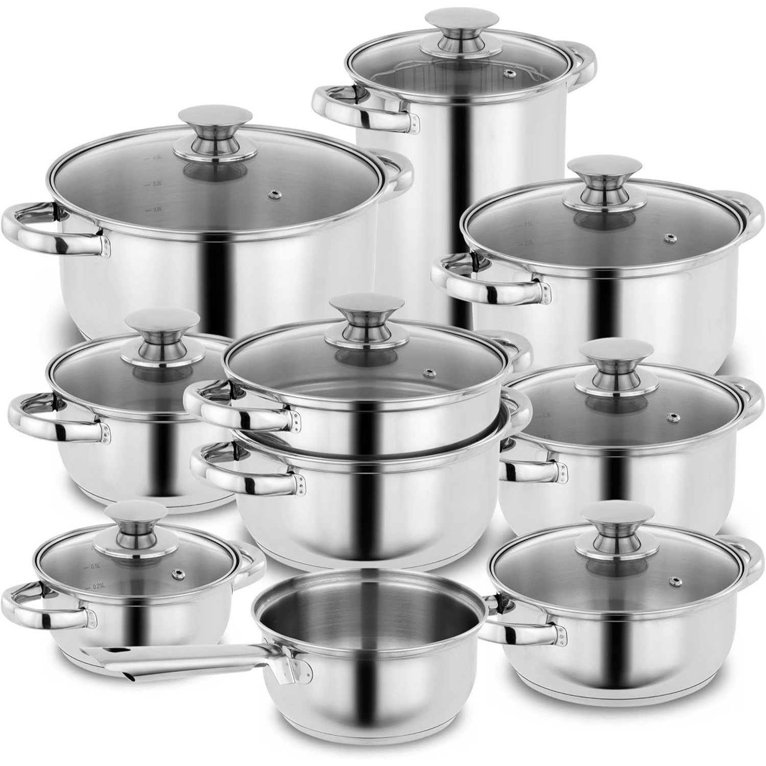 E-shop KOPF Topfset Janina 19-teilig aus Edelstahl, Induktion-Kochtopf-Set, 7X Töpfe, 1x Spargelotpf, 1x Stielkasserolle, 2X Sieb und 8X Glasdeckel