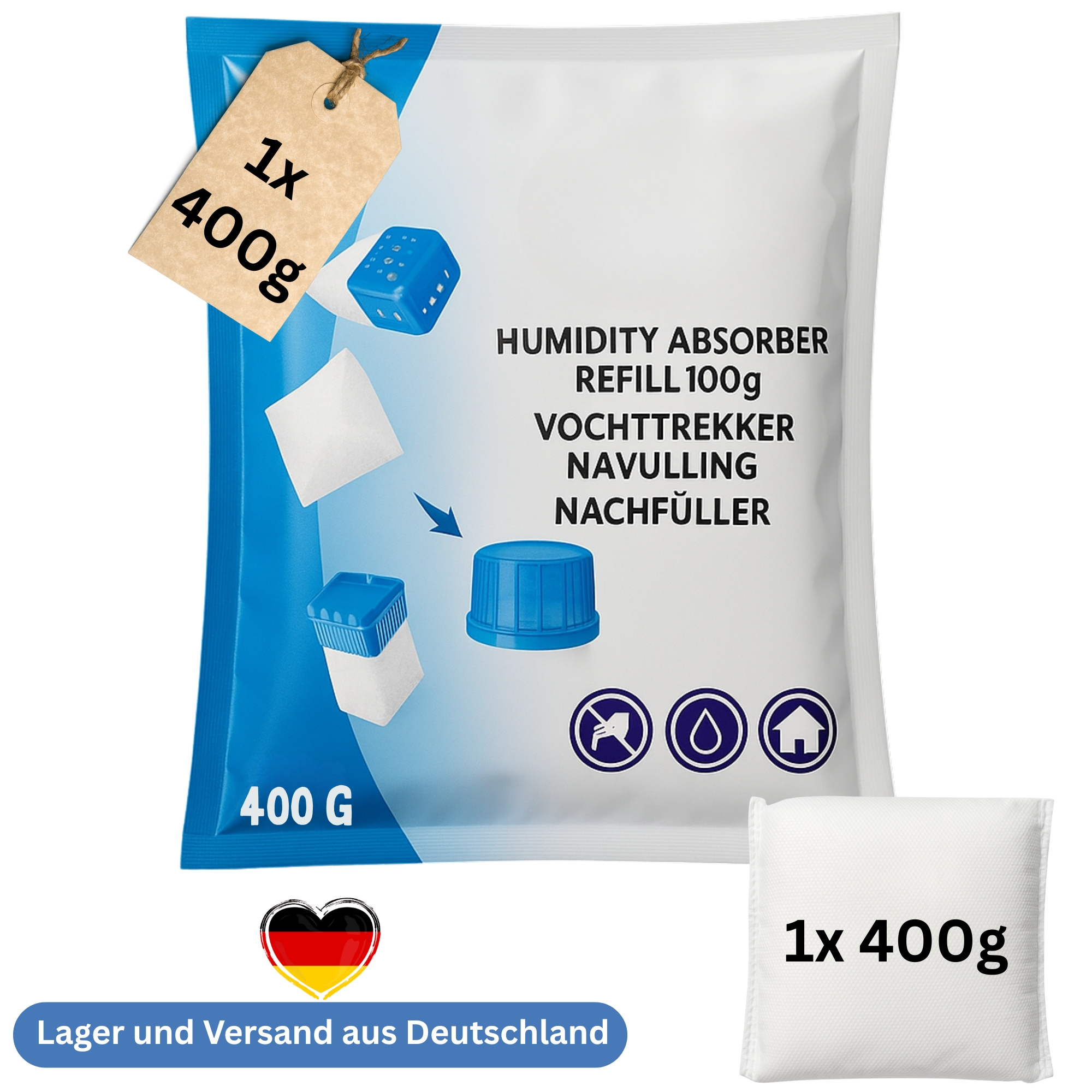 E-shop Luftentfeuchter Universal Nachfüllpack 1 x 400g Entfeuchter für Raumentfeuchter und Luftentfeuchter Box Nachfüllpacks gegen Feuchtigkeit &