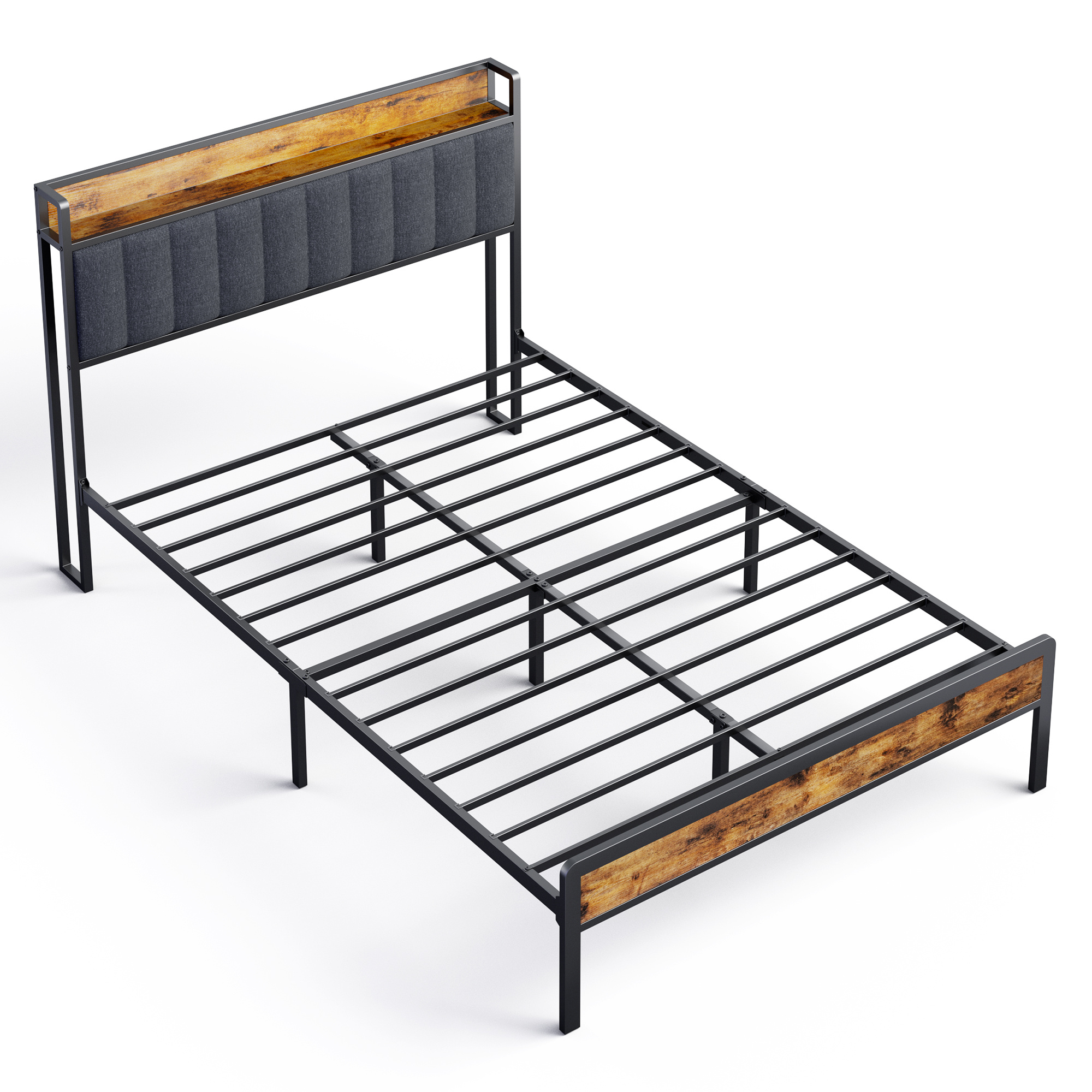 Upholstered Bed 140x200 Cm Double Bed With Storage Headboard & Metal Legs, Dark Grey/light Grey, Coree Bf26