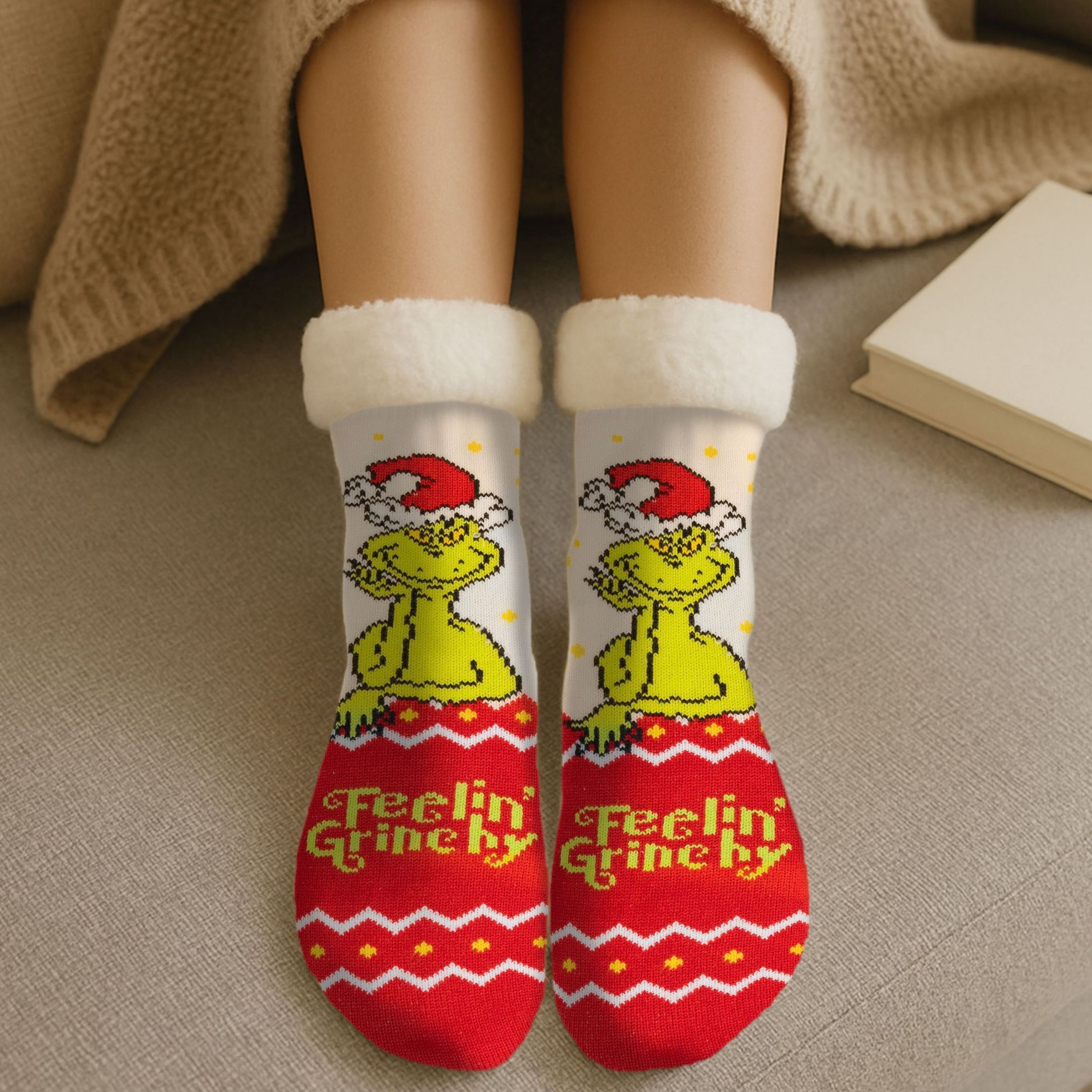 Image of The Cottage Socks - Feeling Grinchy House Socks For Women Cozy Socks Fluffy Winter Socks Warm Women's Socks Beige/red