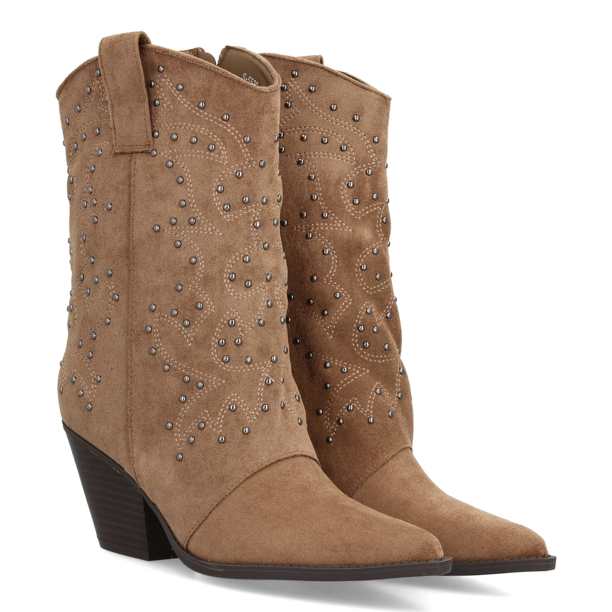 Women's Mid-calf Cowboy Boot With Metallic Studs, Pointed Toe, Cuban Heel, Side Pull Tab, And Zipper Closure – Perfect For Fall And Winter