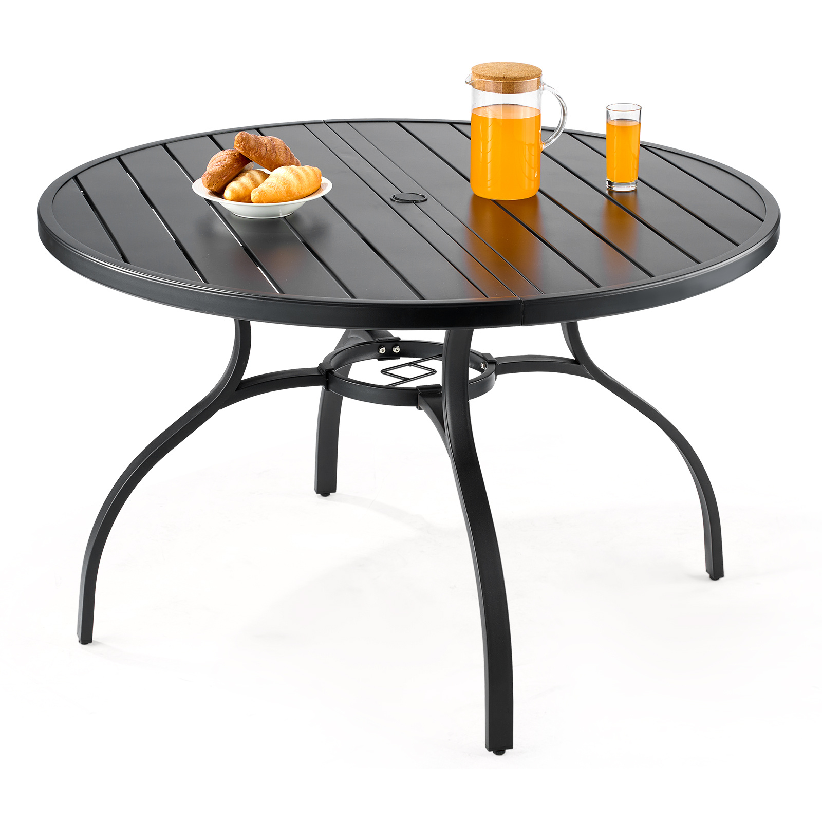 TEMU Table de salle à manger de patio extérieur VEVOR, table de bistro ronde en acier métallique à lattes de 120 cm pour jardin, avec trou pour