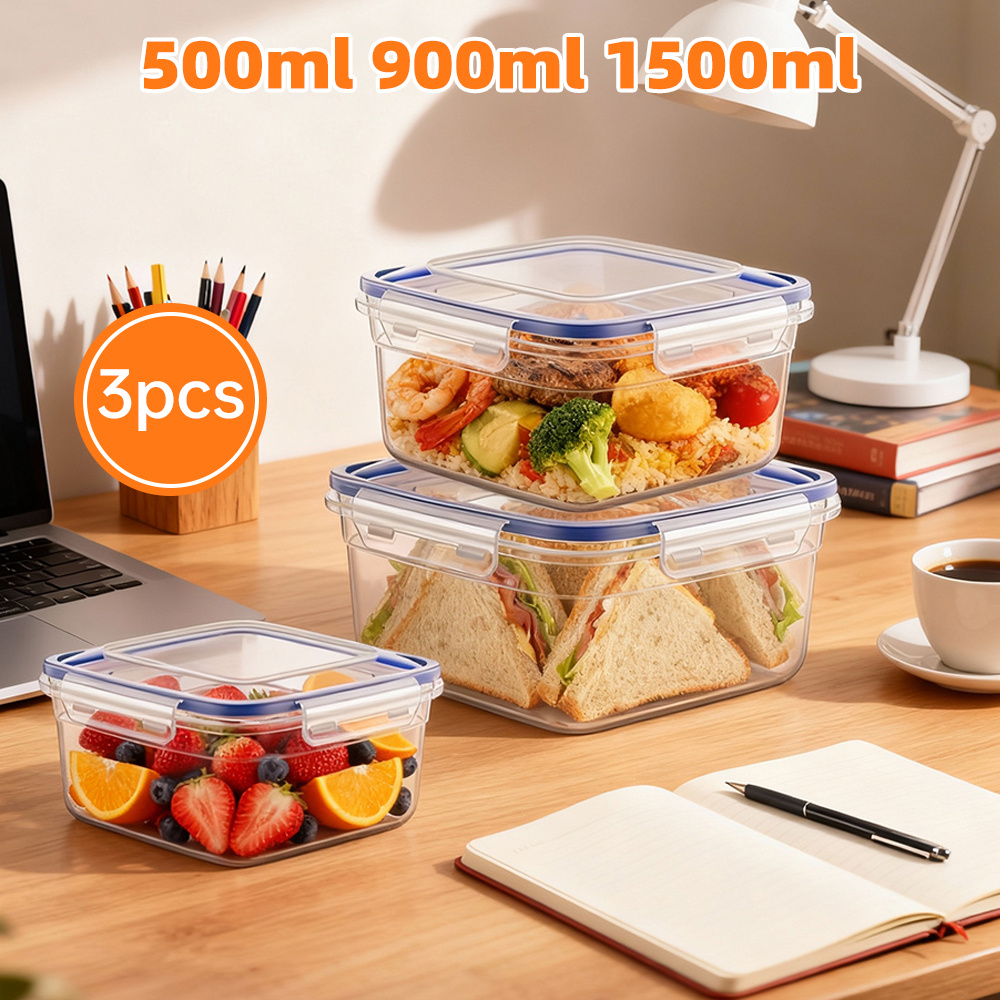TEMU 1 Set de 3 recipientes de almuerzo plásticas transparentes selladas, Almacenamiento de alimentos de cocina , 500-900-1500Ml, sellada para