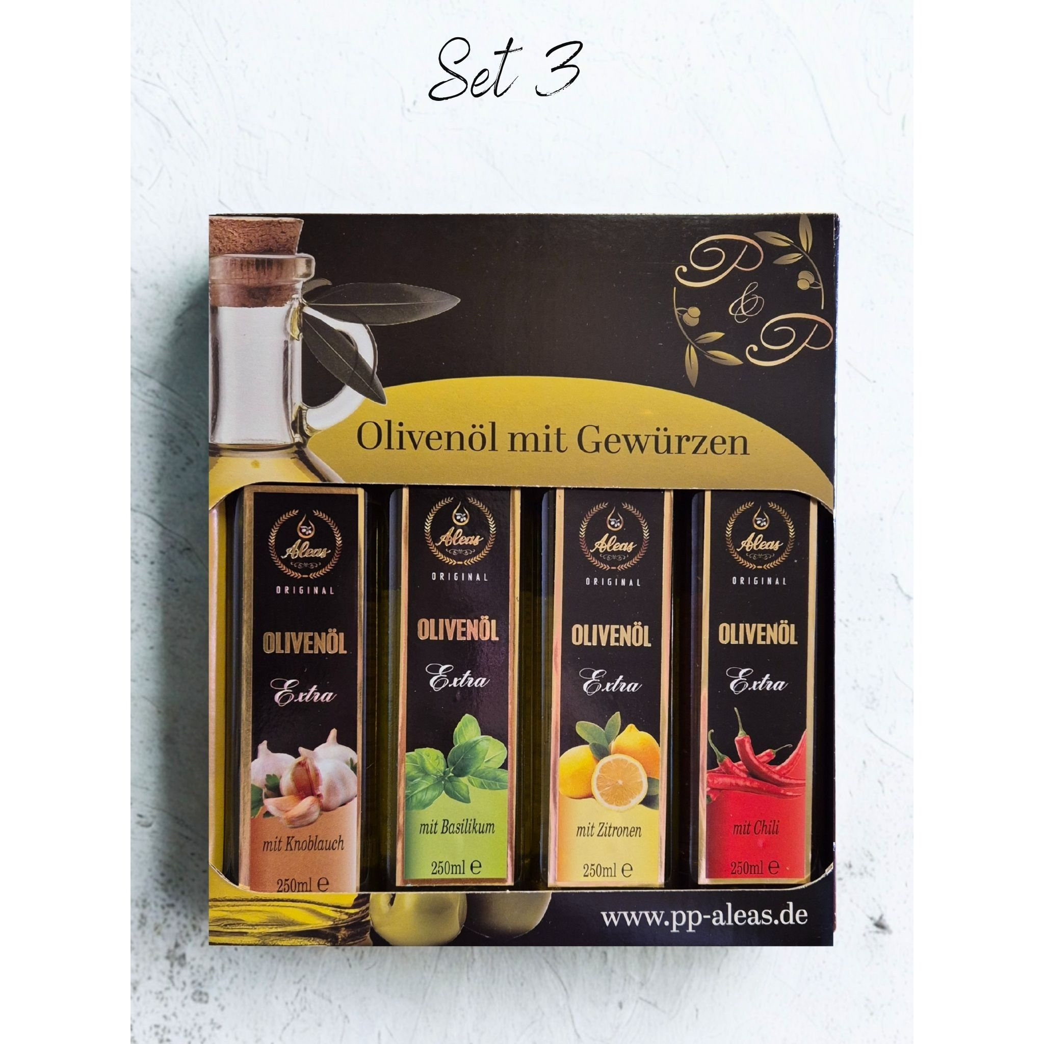 E-shop Griechisches Natives Olivenöl Extra Aleas – 4er-Set, Olivenöl mit Gewürzen, 4x 250ml, Das perfekte Geschenk