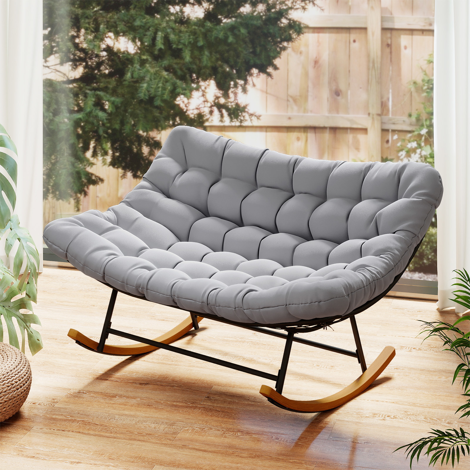 Image of Double Papasan Rocking Chair For 2, Oversized 320 Kg Outdoor Metal Loveseat With Thick Cushion, Indoor & Outdoor Egg Lounge Rocker For Porch, Garden, Bedroom & Living Room