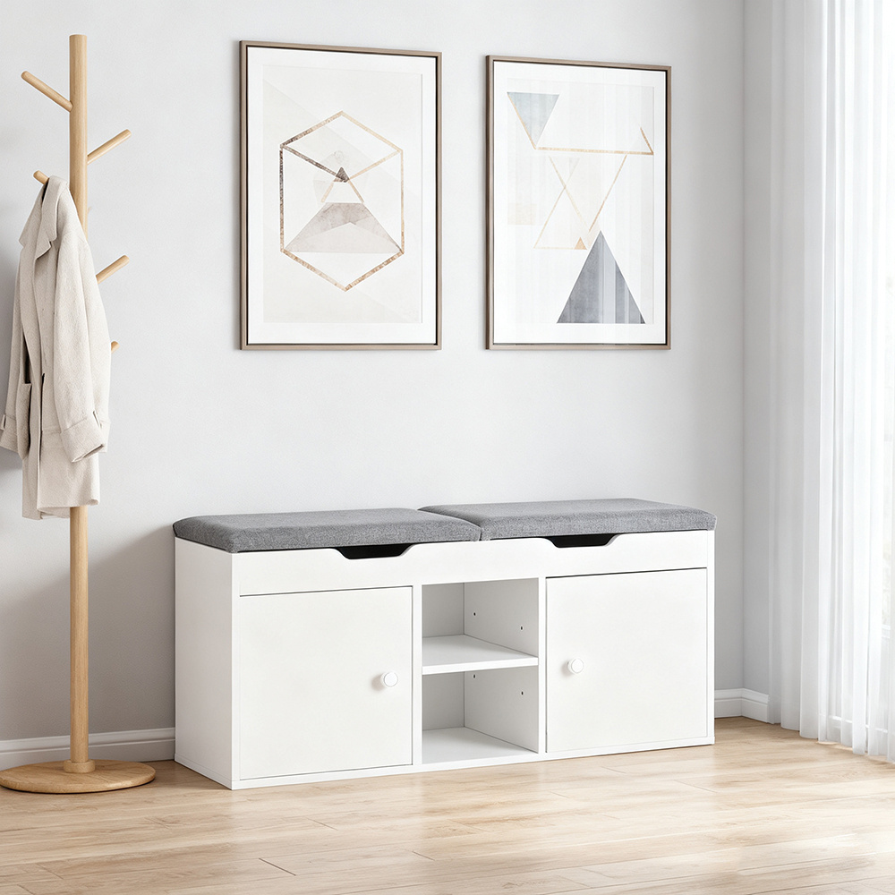TEMU 1pc Shoe Cabinet With Padded Cushion, 2 Doors, 3 Adjustable Shelves – Modern Shoe Organizer For Entryway Furniture – 150kg – White 100x34x47cm –
