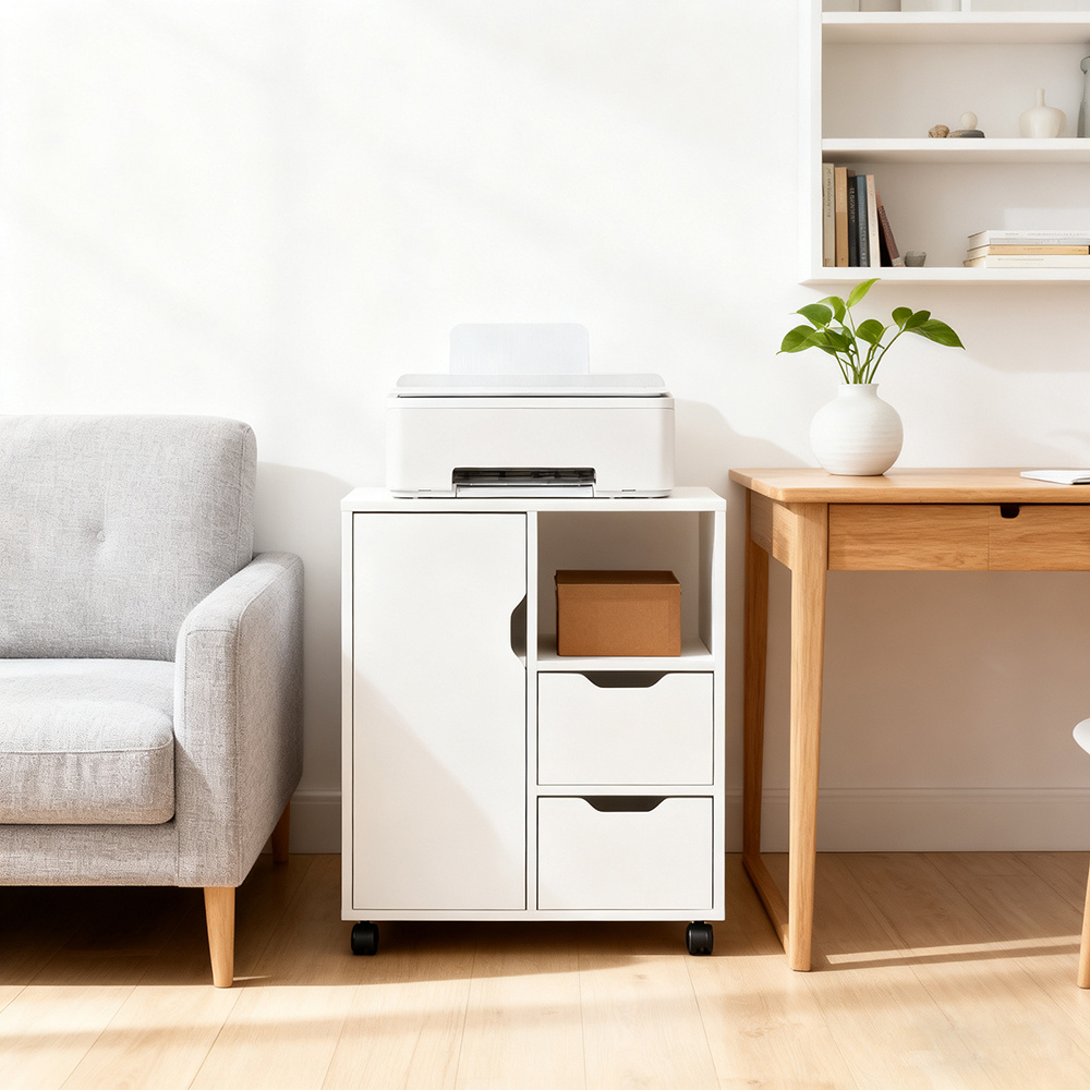 Image of 1pc Of Mobile Printer Furniture With Wheels, Cabinet With 2 Drawers, 1 Open Compartment And 1 Shelf For Files, White, 60x35x70cm - Gcu216-x