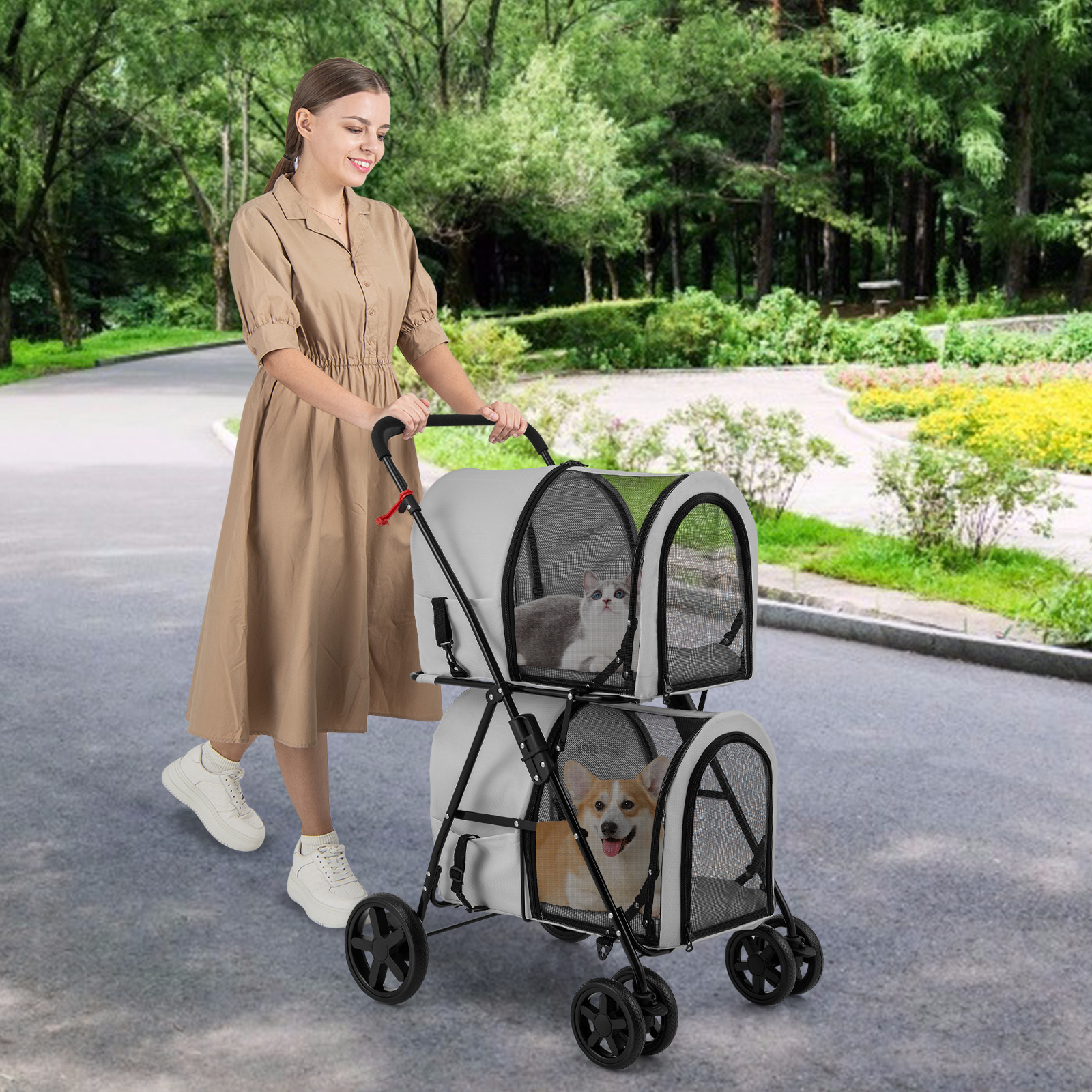 4-in-1 Versatile Double Pet Stroller, Folding Detachable With 4 Wheels, Car Seat, Pet Crate, Travel Stroller, Design For