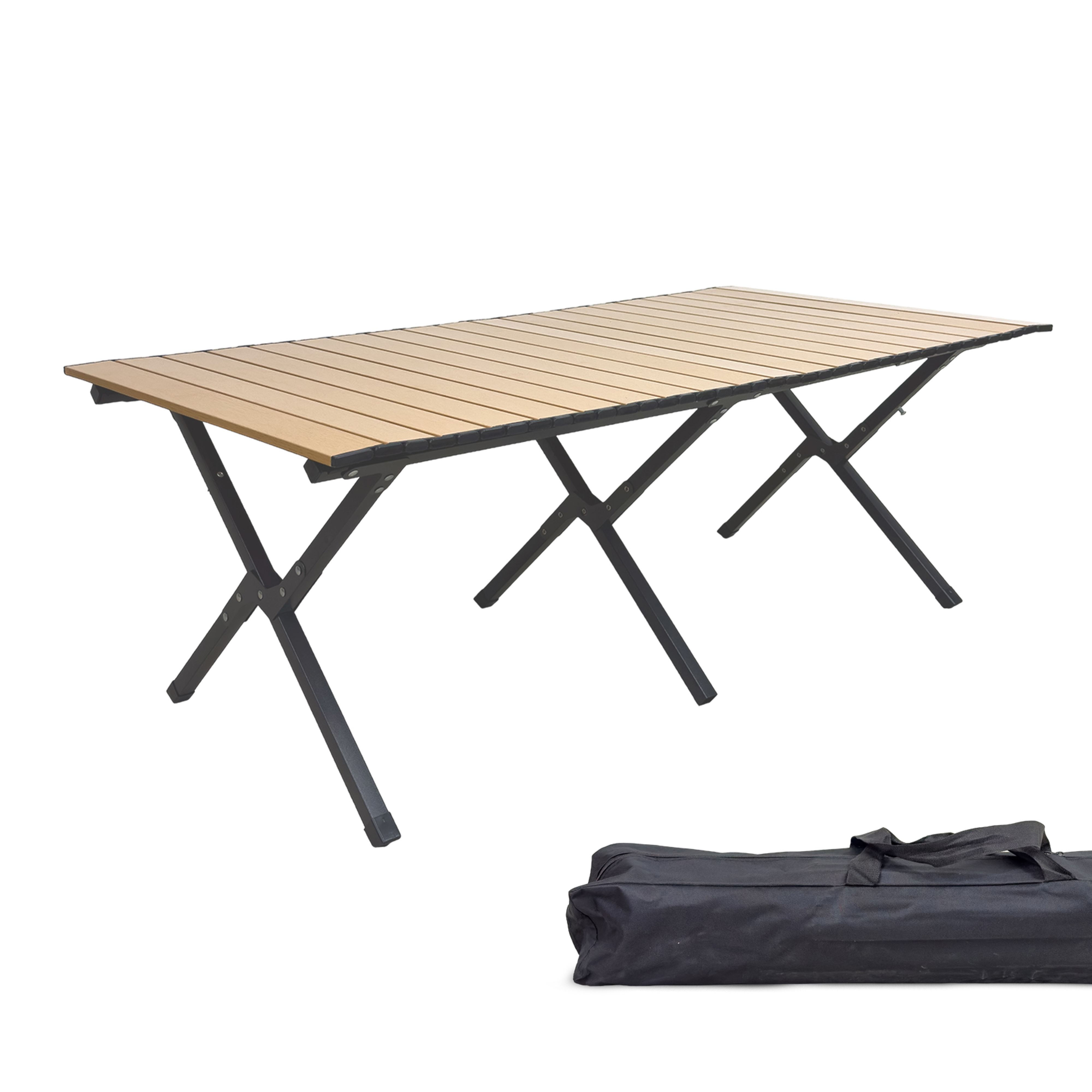 E-shop XXL Campingtisch faltbar Holzoptik, 118 x 58 cm, kleines Packmaß mit Tasche, und , bis 50 kg, Rolltisch Klapptisch Picknick Tisch Outdoor