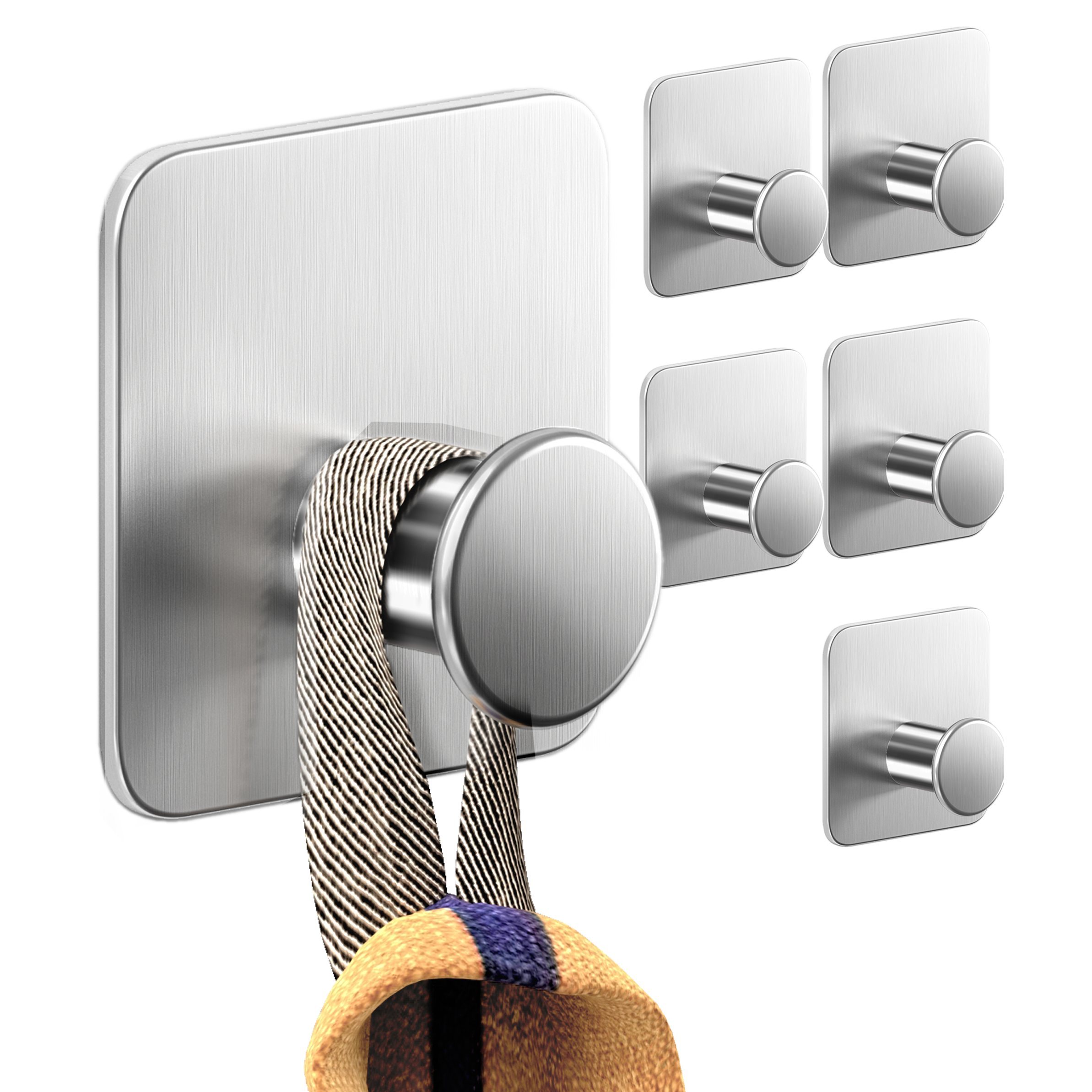 Image of Home Stainless Steel Adhesive Hooks (5pcs) - Round, Self-adhesive Hooks In (silvery, Black, White, Gold) | Water-resistant, & Strong Adhesive Up To 10 Kg | Modern, For