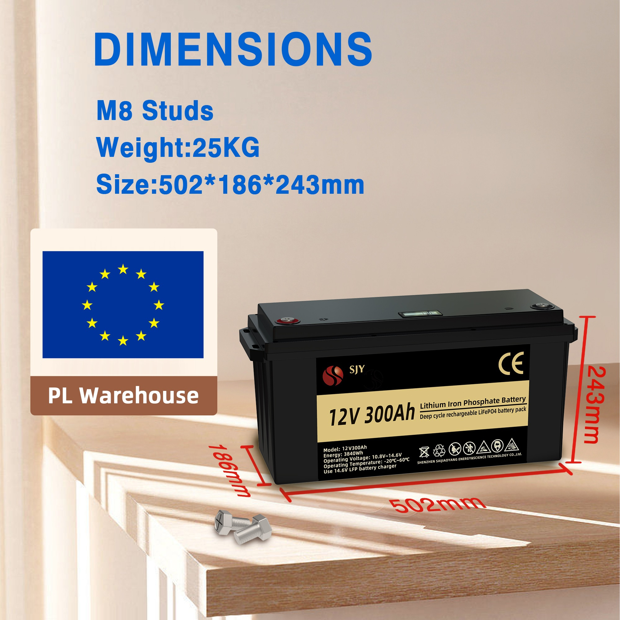 E-shop SJY 12V 300Ah Lithium-Eisenphosphat-Batterie, integriertes 200A BMS, 10000+ Tiefenentladungen & 12+ Jahre Lebensdauer, 3840WH