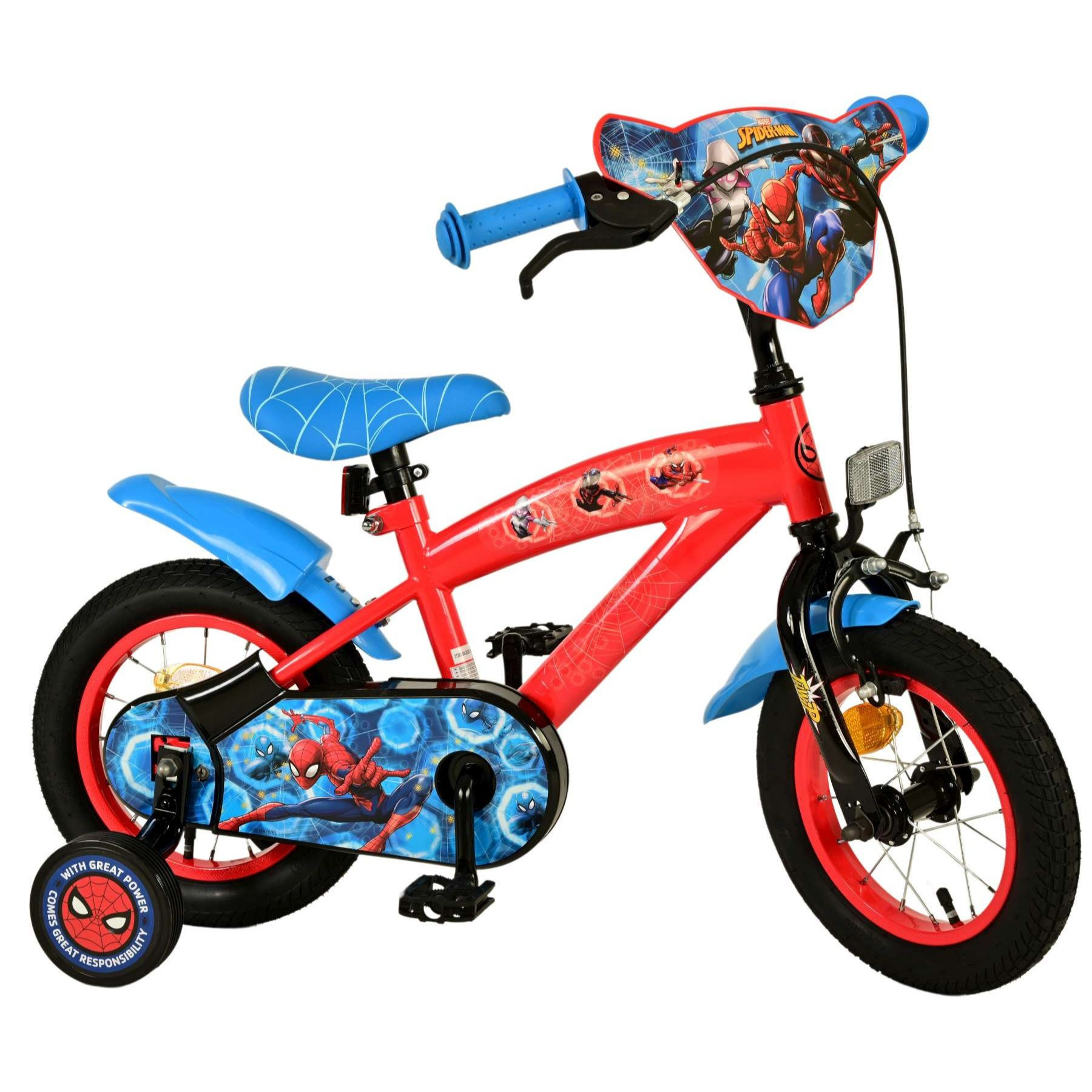 Image of 12-inch Kids Boys Bicycle With Training Wheels, Coaster Brakes, Mudguards, , And Support Wheels - Spiderman Bike 21283-