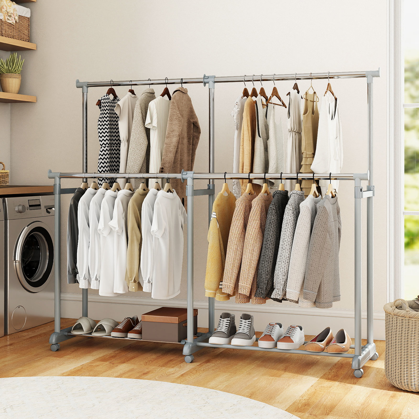 Double Rod Clothes Rack, Heavy-duty Metal Garment Rack With Extendable Height & Width, Adjustable Rolling Rack For Hanging Clothes With Wheels For Dressing Room, Laundry, Living Room