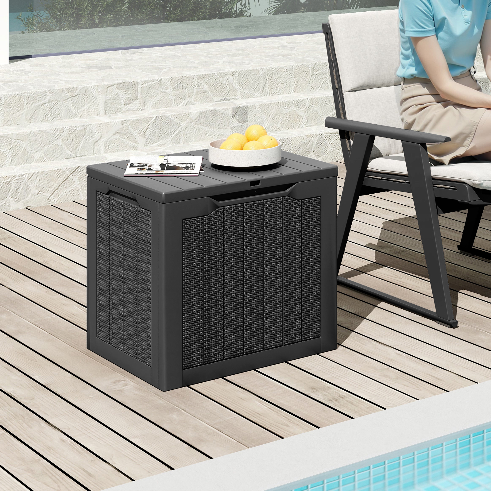 Image of Outdoor Storage Box, 96l Deck Box With Lockable Lid & Wicker-woven Texture, Mall Storage Bin For Pool Accessories, Garden Tools, Package Delivery & Patio Furniture
