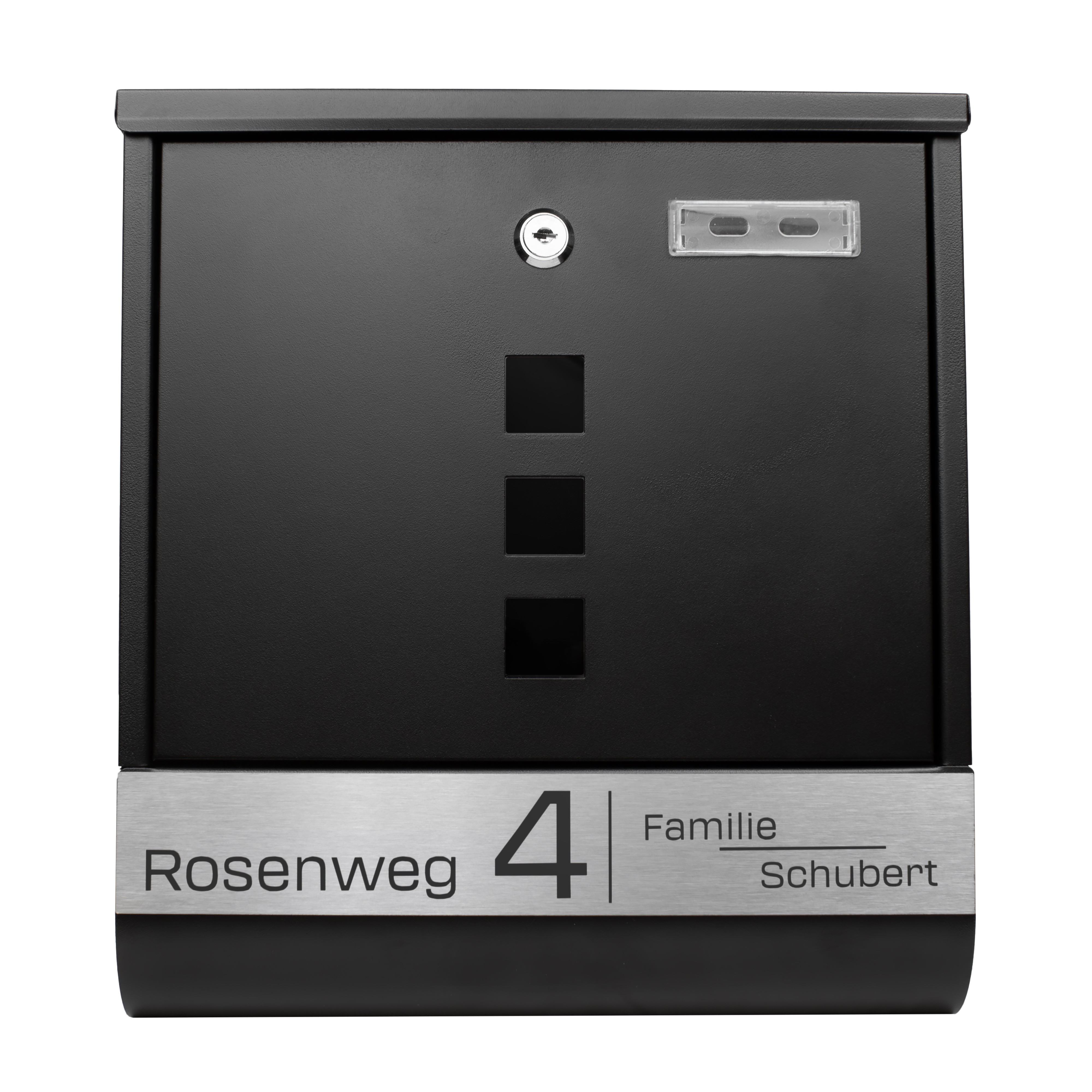 E-shop Briefkasten personalisiert, schwarz mit Name Straße Hausnummer, Zeitungsfach und 2 Schlüssel, V2A Namensschild, Postkasten, Wandbriefkasten