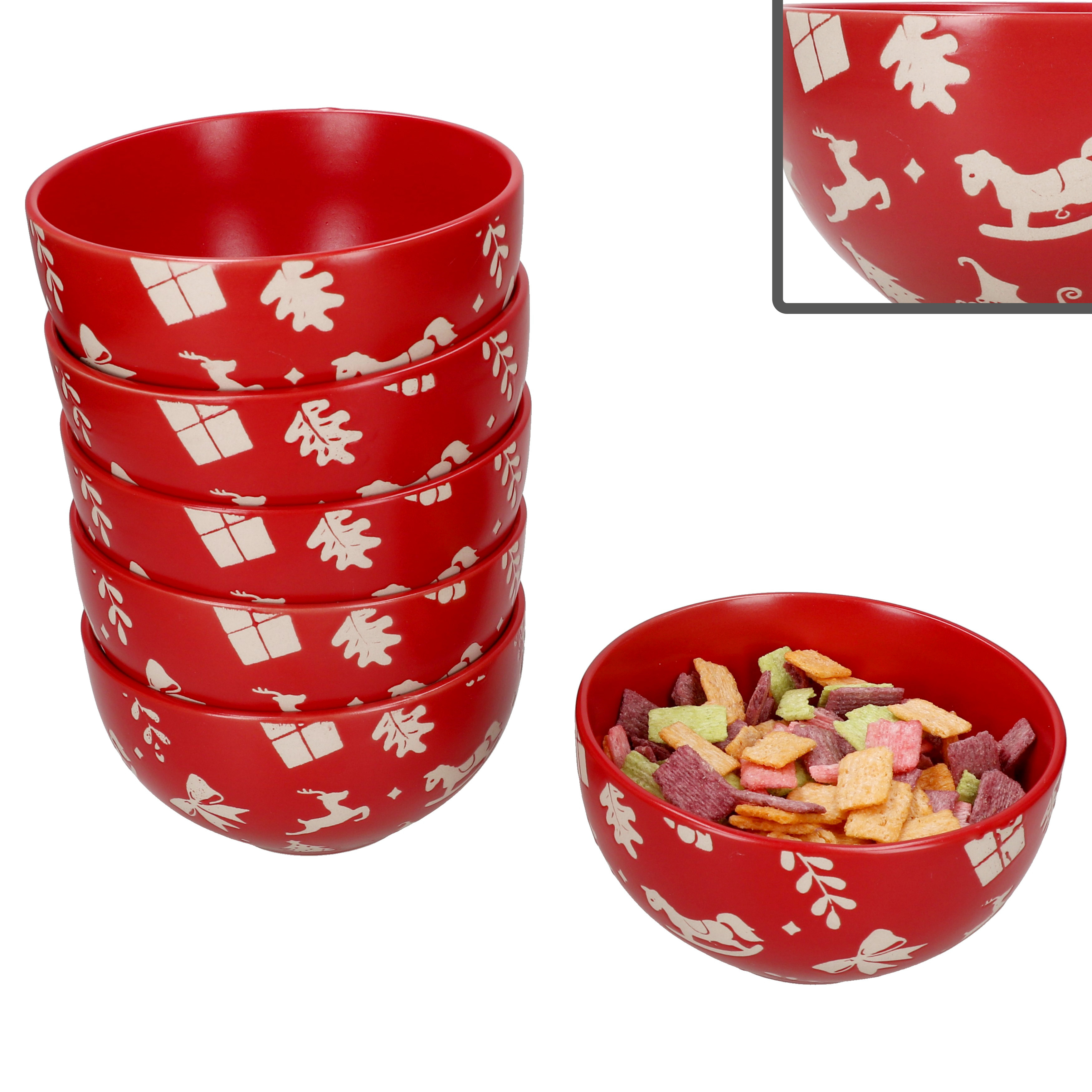 Image of 6-piece Set Of Advent Bowls, 450ml Stoneware, Red And Cream, Christmas