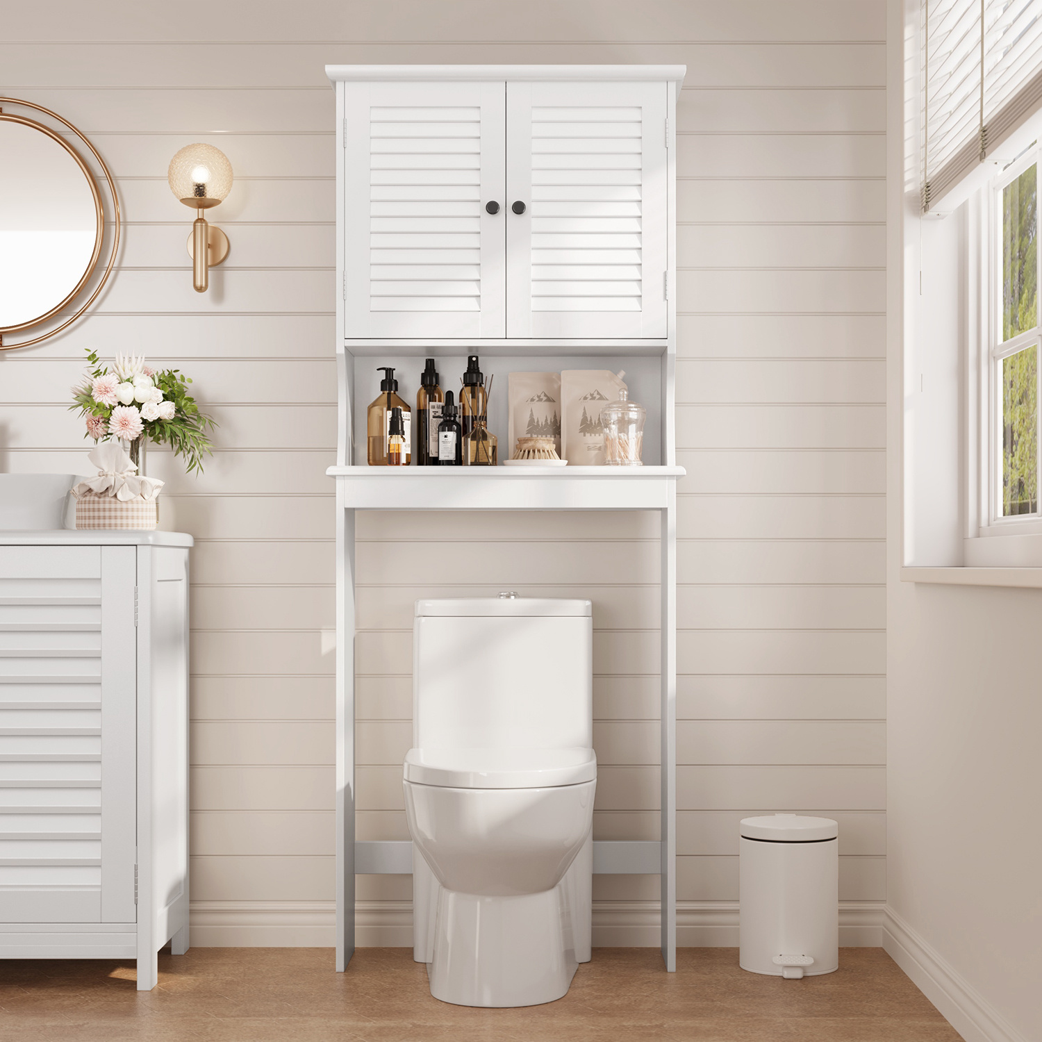 Image of Bathroom Cabinet With Toilet Shelf | White | Tilt-proof & Height-adjustable Shelves | For Bathroom & Laundry Room | Coree P03