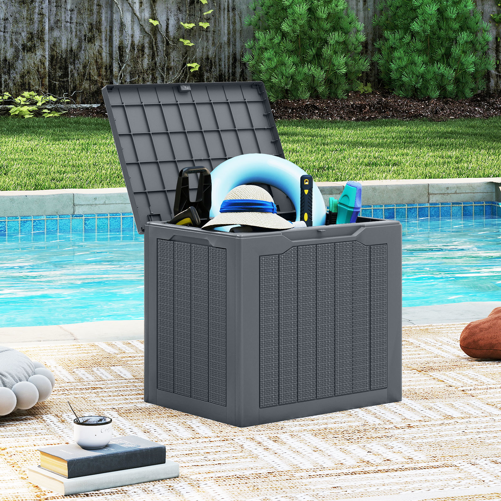Outdoor Storage Box, 25 Gallon Deck Box With Lockable Lid & Wicker-woven Texture, Waterproof Small Storage Bin For Pool Accessories, Garden Tools, Package Delivery & Patio Furniture