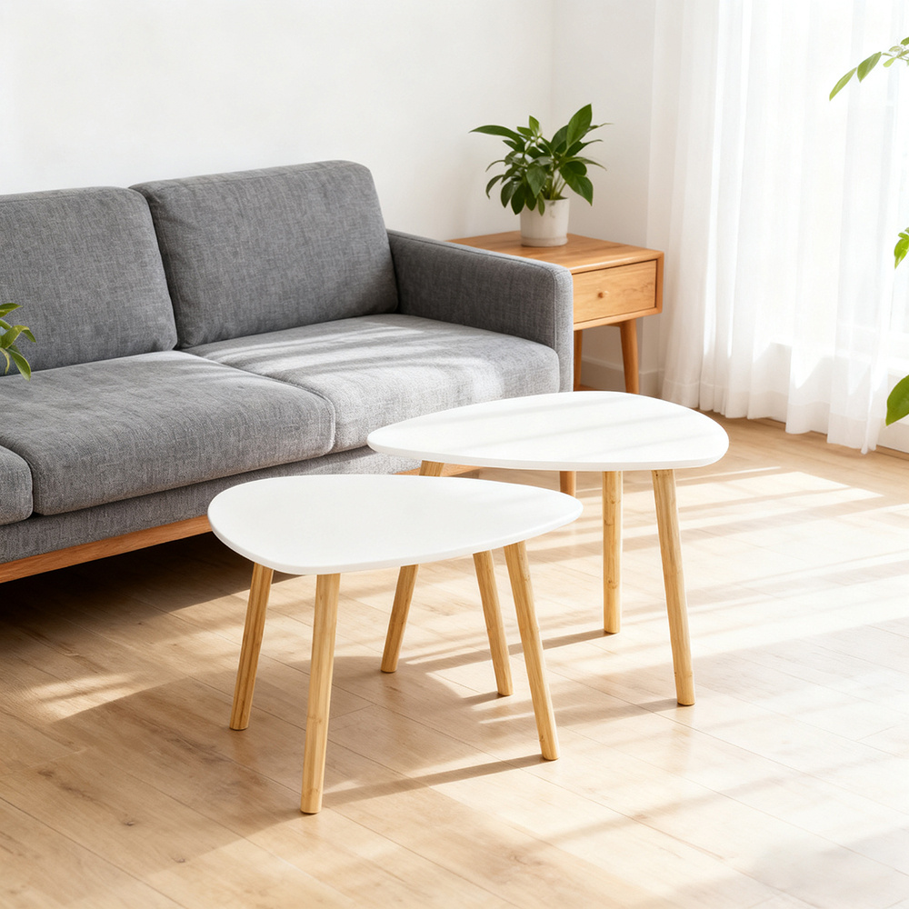E-shop Set überlappender, platzsparender Tische in Weiß - 2 Couchtische für den Wohnbereich, groß 55 cm und klein 40 cm
