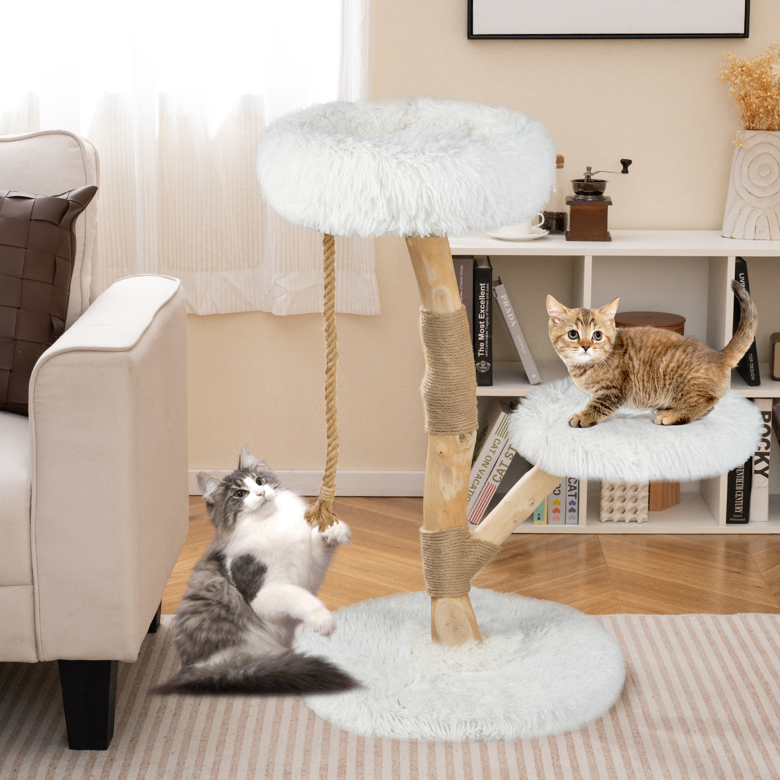 Image of Cat Tree Tower, Modern Wooden Cat Tower W/ Perch, Solid Wood Cat Tree W/ Natural Jute Scratching Posts, Jute Rope, Soft Long Plush, 35.5" Tall Condo, Kitty Climbing Tower For Indoor Use