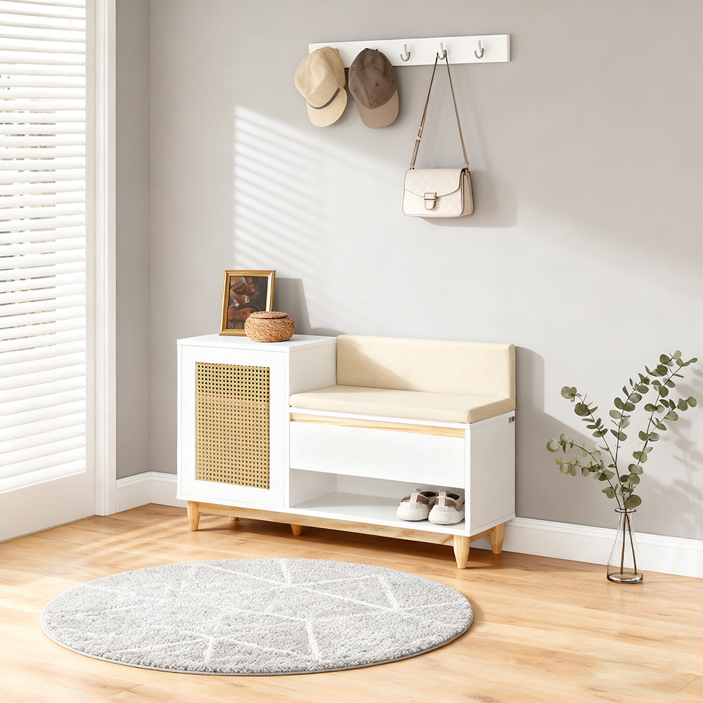 Image of 1pc Shoe Rack Bench With Drawer, Lattice Door, Comfortable Cushion For Entryway Furniture Or Entry Bench, White Natural Shoe Storage 100x35x60cm - Gts239-x