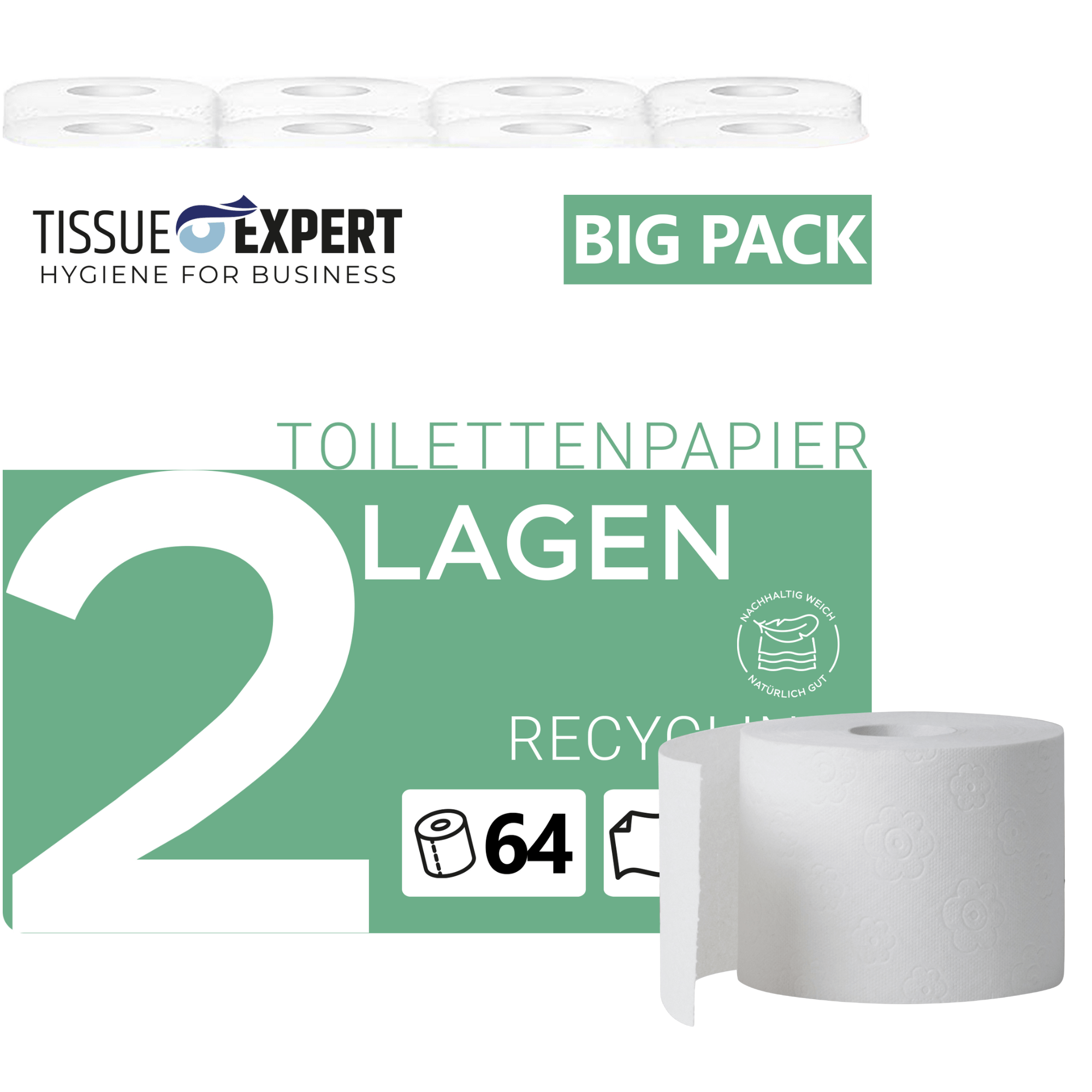 Image of Tissue Toilet Paper, 2-layer, 64 Rolls X 250 Sheets, 100% Recycling, Super-soft Toilet Paper, Bulk Pack For Commercial Use, Ideal For High-volume Users, Packaging Made Of 60% Post- Recycled Material.