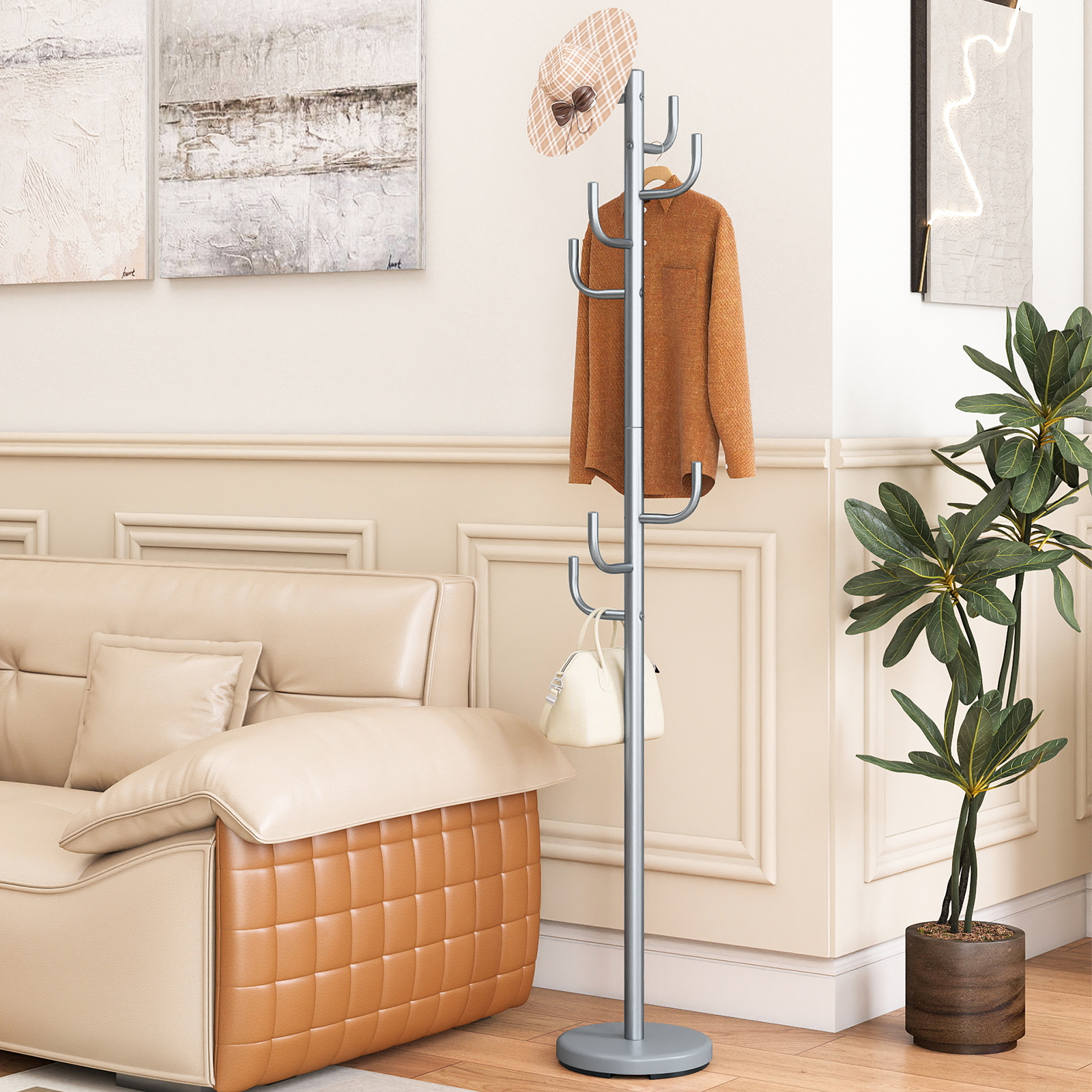 Image of 175cm Modern Coat Rack, 8-hook Cactus Clothes Stand With Weight Base & Curved Ends For Bags, Hats, Heavy-duty Metal Coat Tree Hanger Stand With 2 Height Options For Entryway, Bedroom, Office
