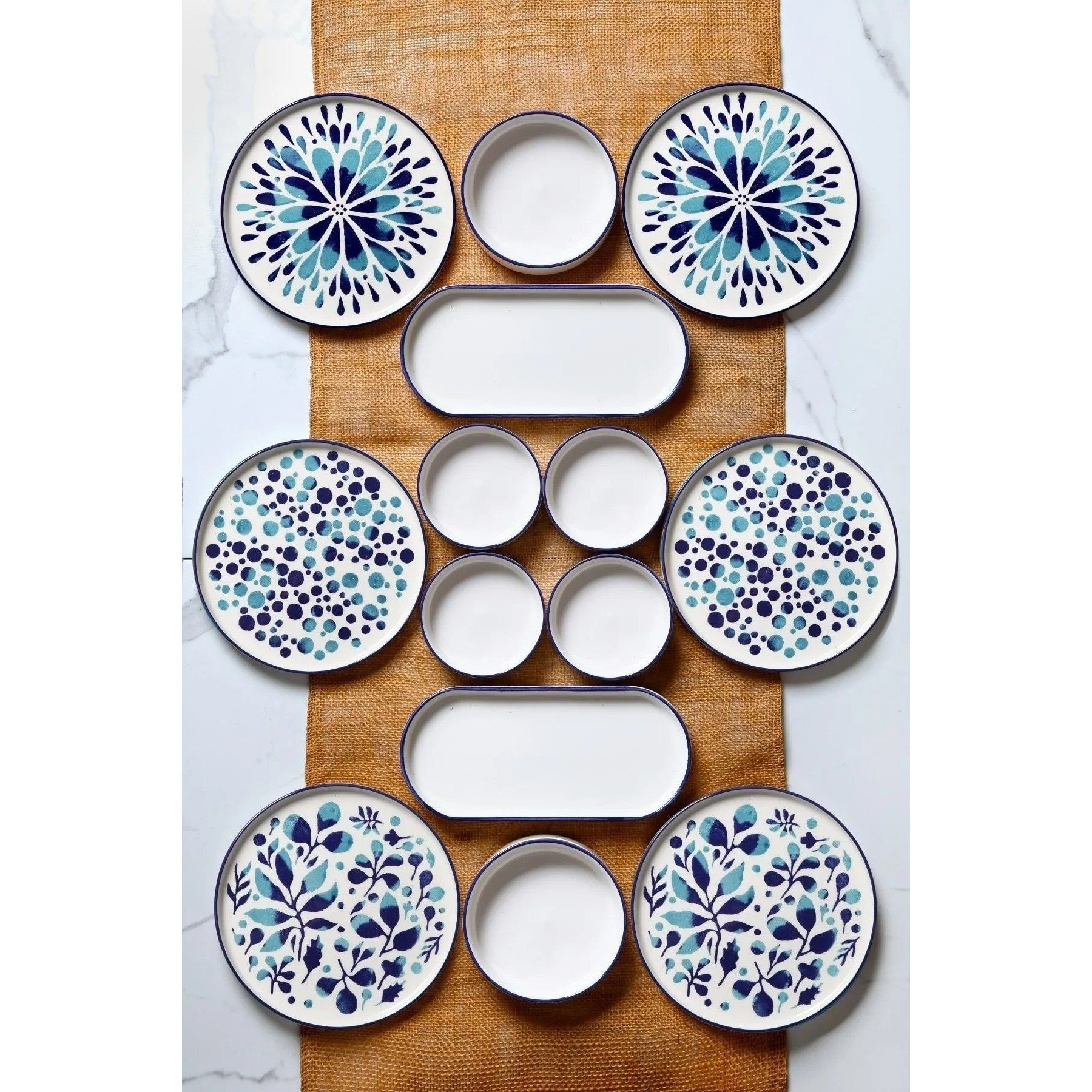 Image of Hermia Breakfast Plate Set - 6 Plates, 2 Trays, And 6 Bowls - 100% Ceramic