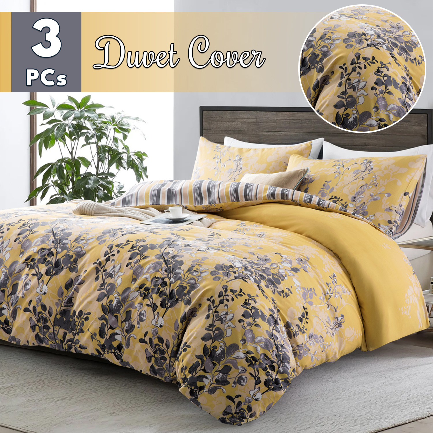 TEMU 3pcs Reversible Ochre Floral Printed Duvet Cover Set – Includes Pillowcases, Soft & Breathable Bedding Set, Wrinkle-free, Machine Washable – In