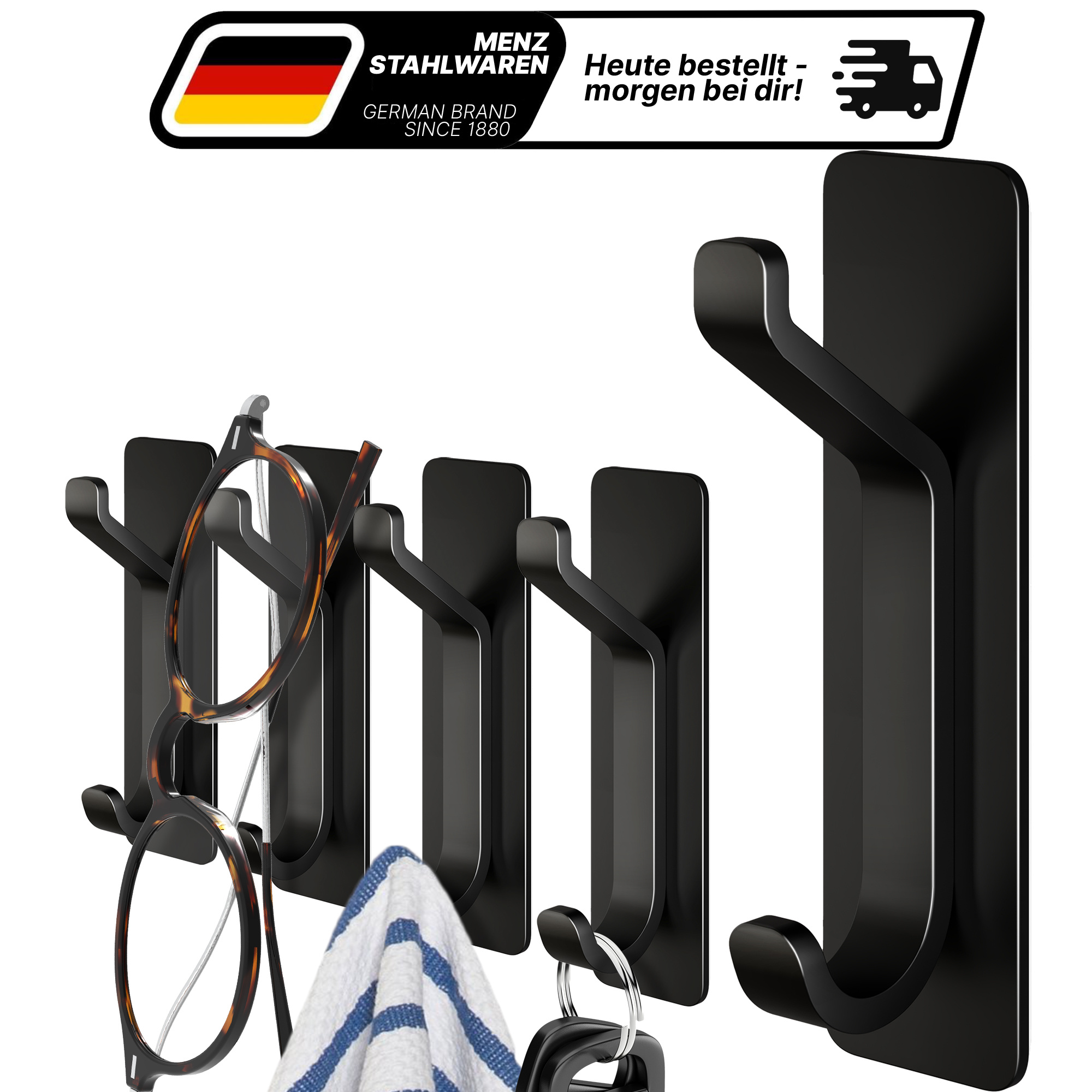 Image of Home Stainless Steel Adhesive Hooks, Black – Extra To 6 Kg – Set Of 5 Hooks For Wall & Door | Self-adhesive Or Nail-mounted – Durable & Versatile For Coat Rack, Bathroom, Kitchen, Or Hallway