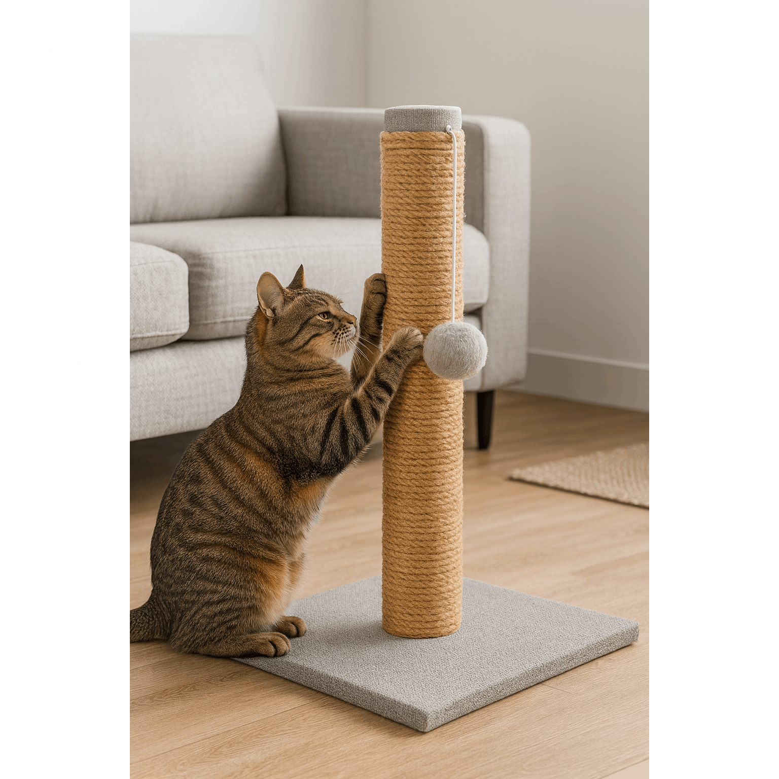 Cats Scratching Post Grey - 30x30x39 Cm, Sisal Scratching Column With Plush Cover & Play Ball, , Scratching Board Cat Toy
