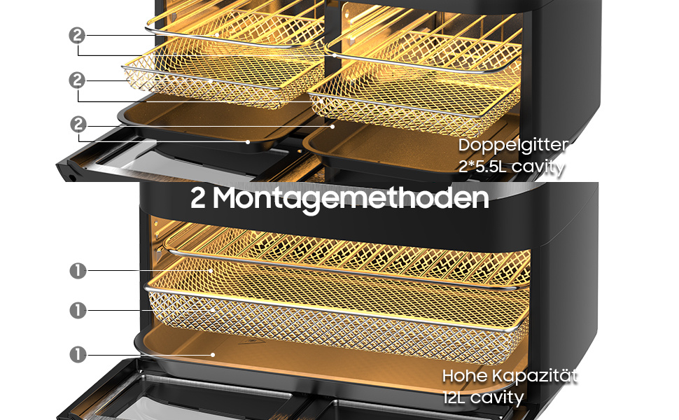 Heetluchtfriteuse 2 Kamers 12L - 2600W XXL Heetluchtfriteuse met Kijkvenster | Olievrije Friteuse met Digitaal Display, 10 Programma's, Zwart