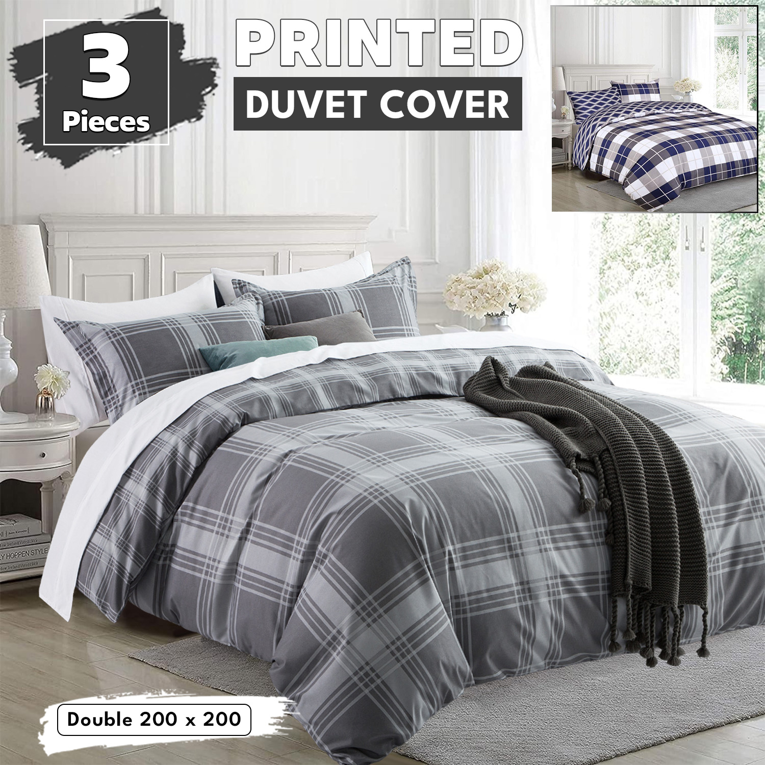 TEMU 3pcs Check Printed Duvet Cover Set – All Season, Hotel & Breathable Microfiber Bedding With Pillowcases, Wrinkle Free, In All Uk Sizes, Gift