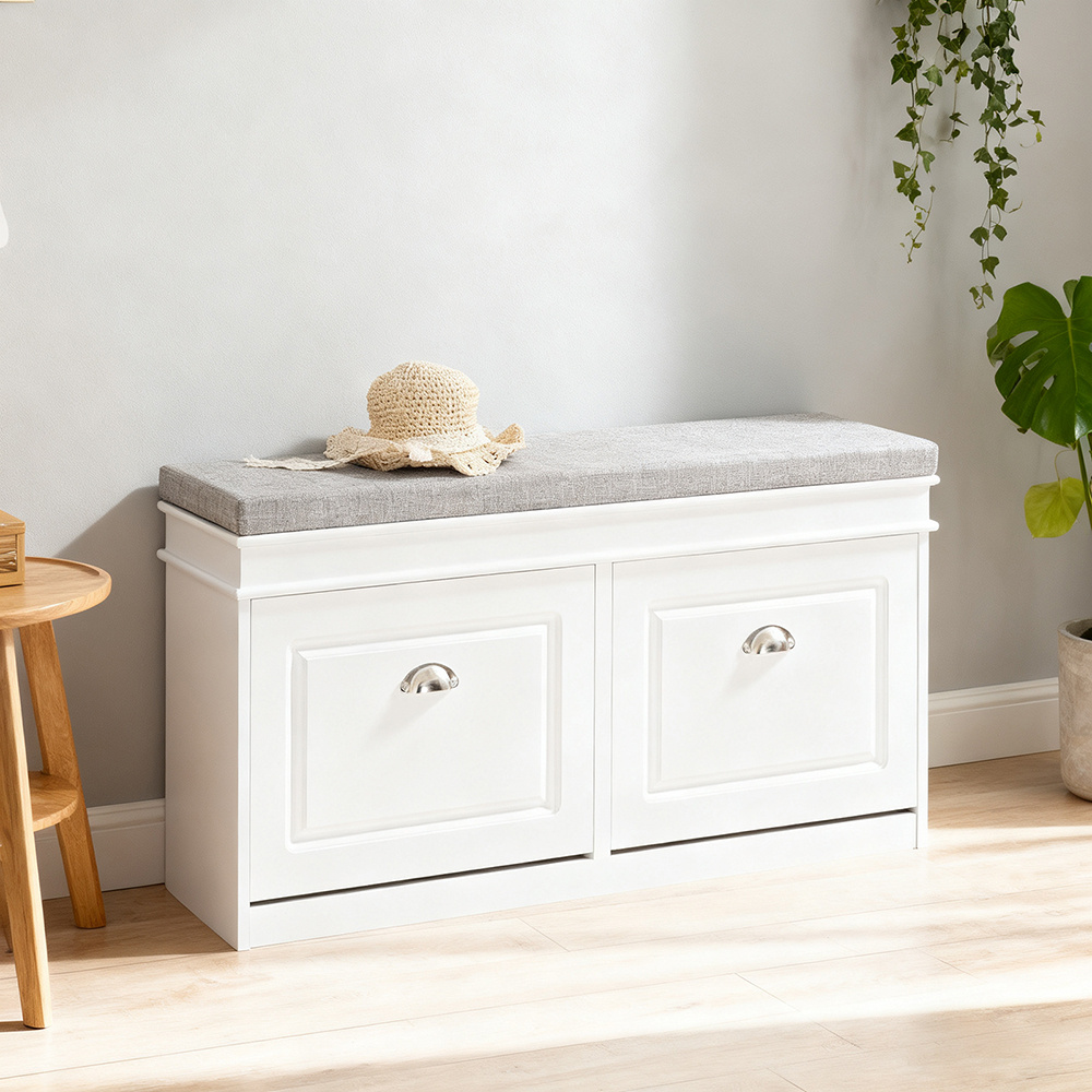 1-piece Shoe Cabinet Shoe Rack Shoe Bench For Entryway - 2 Flaps With Removable Padding, L104xw24xh51cm, White - Gts75-x