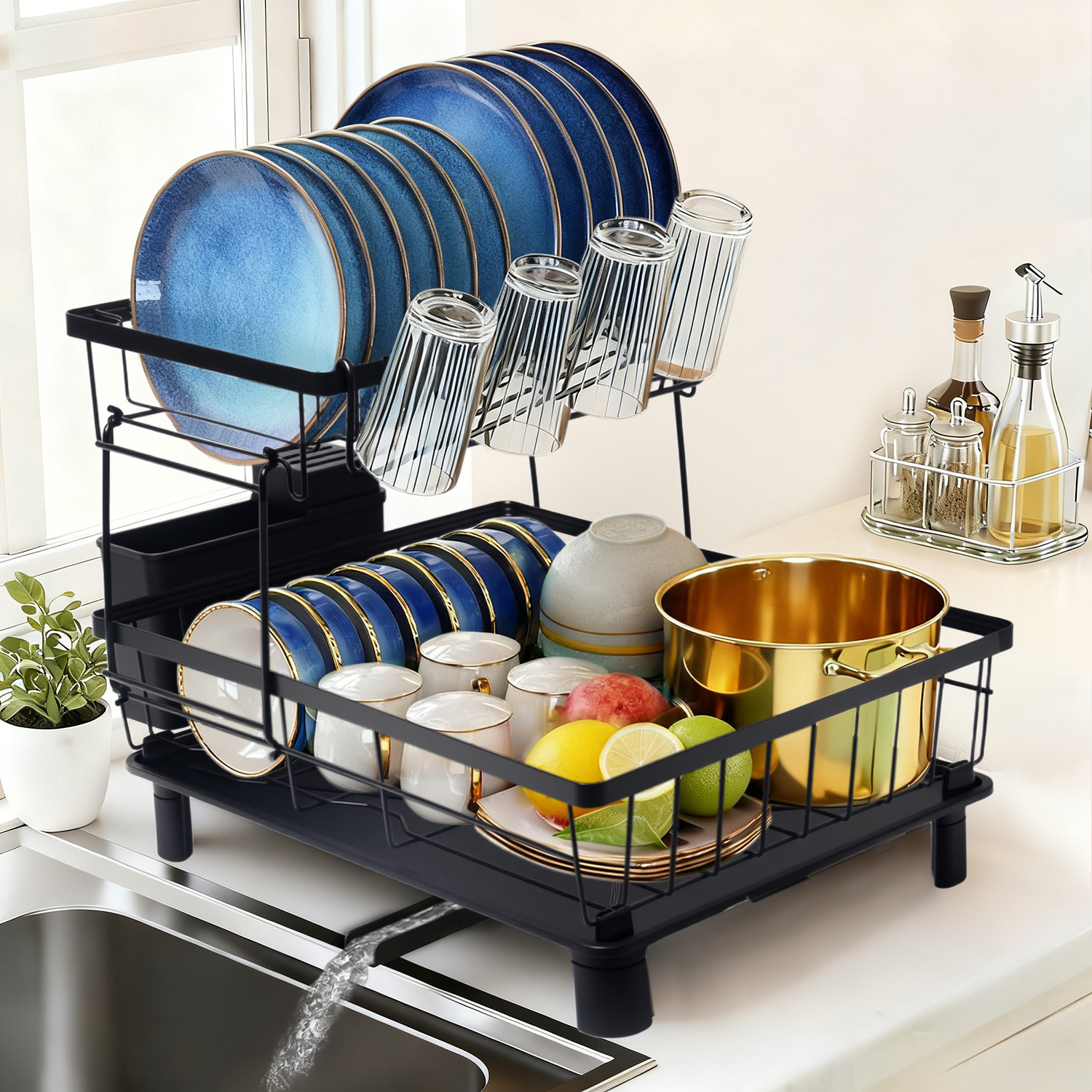 2-tier Dish Drying Rack With Drain Tray, Dish Drying Stand With Utensil Holder, 360° Rotatable And Extendable Drainage, Black