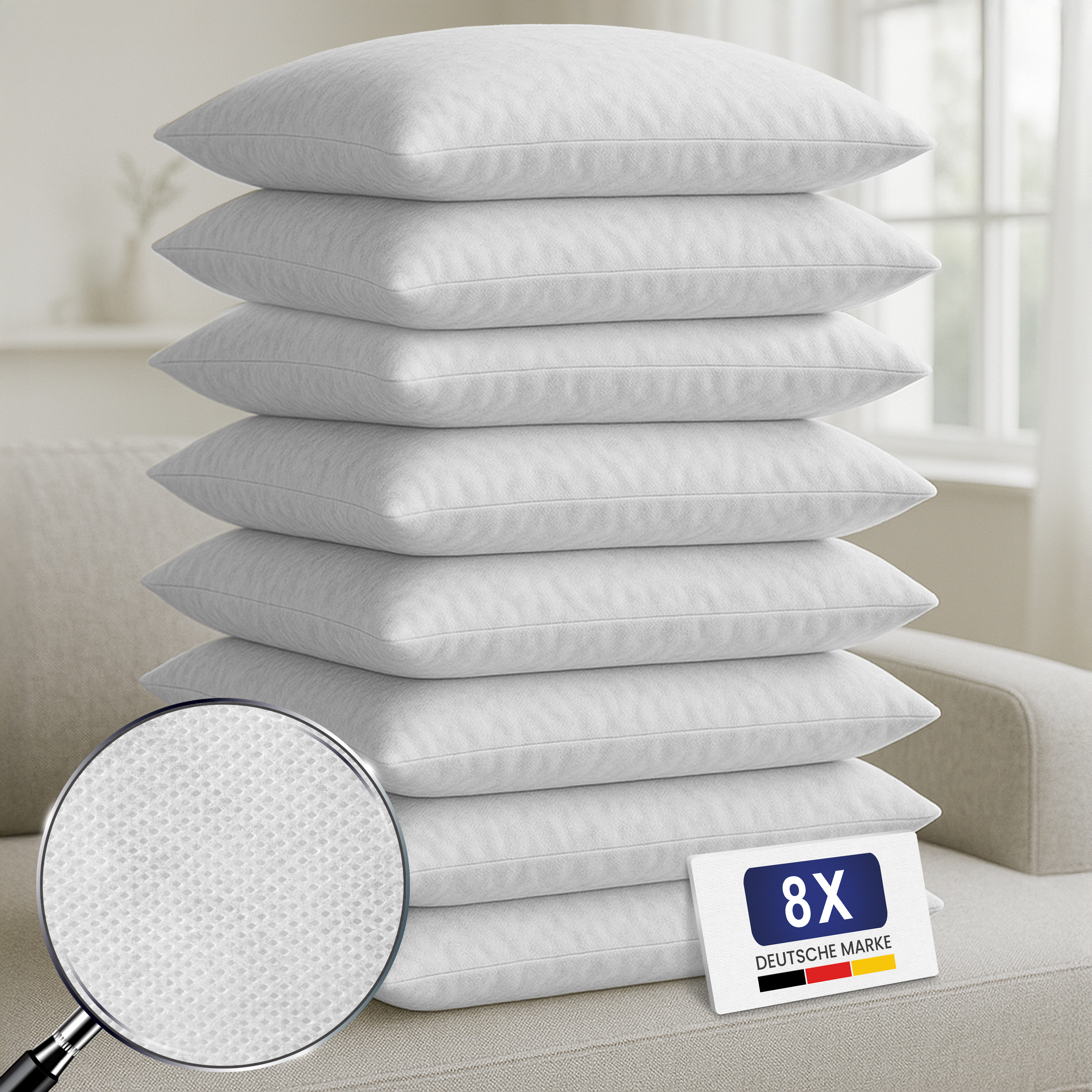 E-shop 8er Set Kopfkissen – Vielseitige Füllkissen für Bett & Sofa Weiche Kissen mit langlebiger Polyesterfüllung – als Dekokissen, Sofakissen oder