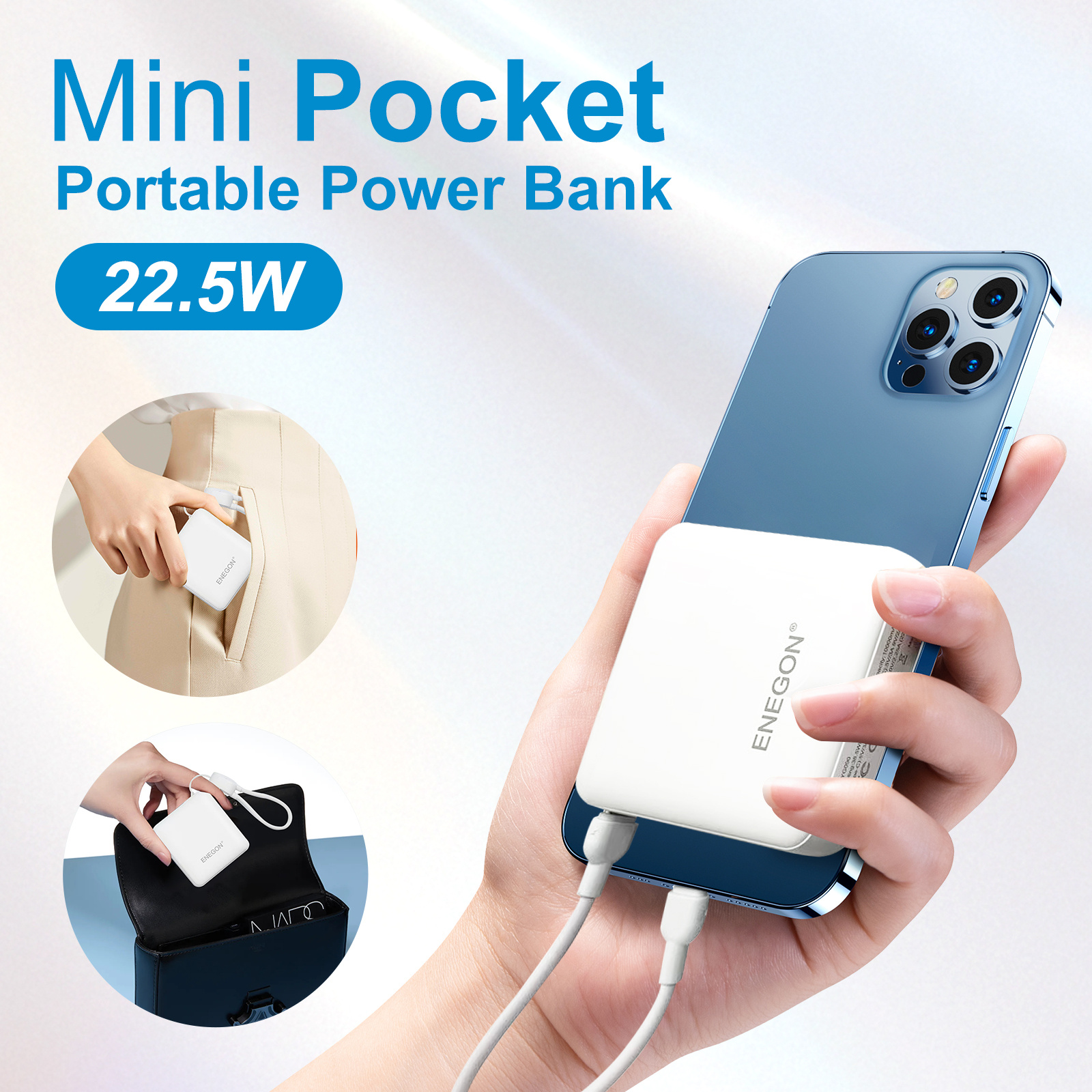 Batterie externe ENEGON 10000mAh 22.5W, charge rapide, chargeur portable avec affichage numérique de la batterie, pour iPhone 16/15/14/13/12/ pour Xiaomi/Samsung, chargement USB Type-C