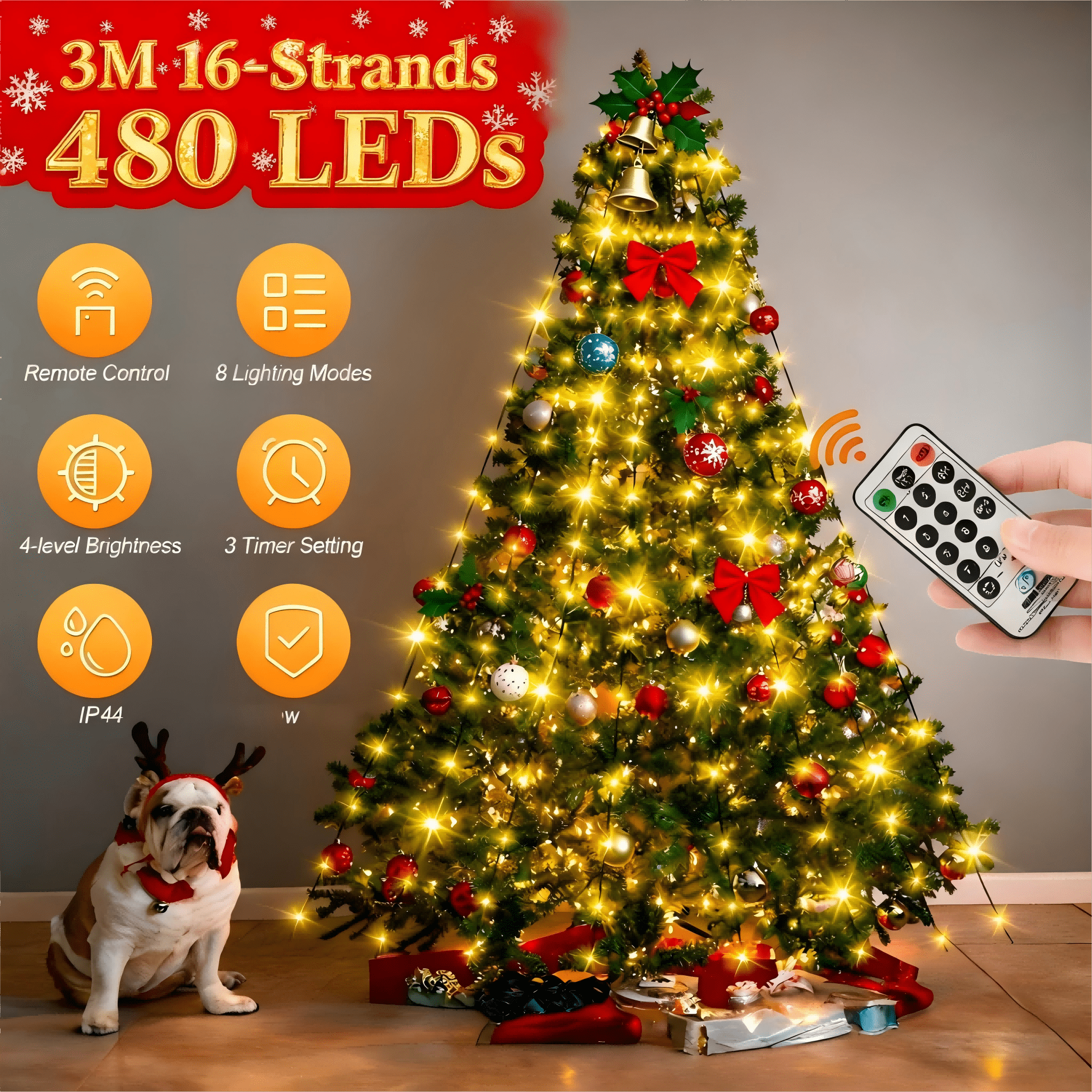 TEMU 16-strands 480 Leds Christmas Tree Lights Uk Plug, Indoor Christmas Tree Ornaments, Christmas Party Atmosphere Lights, Holiday Accessories,