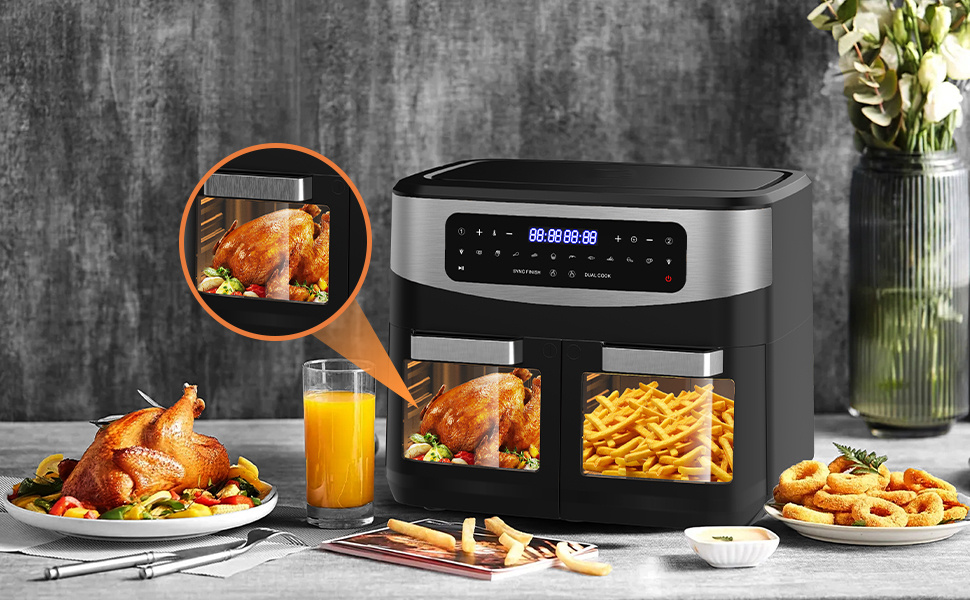 Heetluchtfriteuse 2 Kamers 12L - 2600W XXL Heetluchtfriteuse met Kijkvenster | Olievrije Friteuse met Digitaal Display, 10 Programma's, Zwart