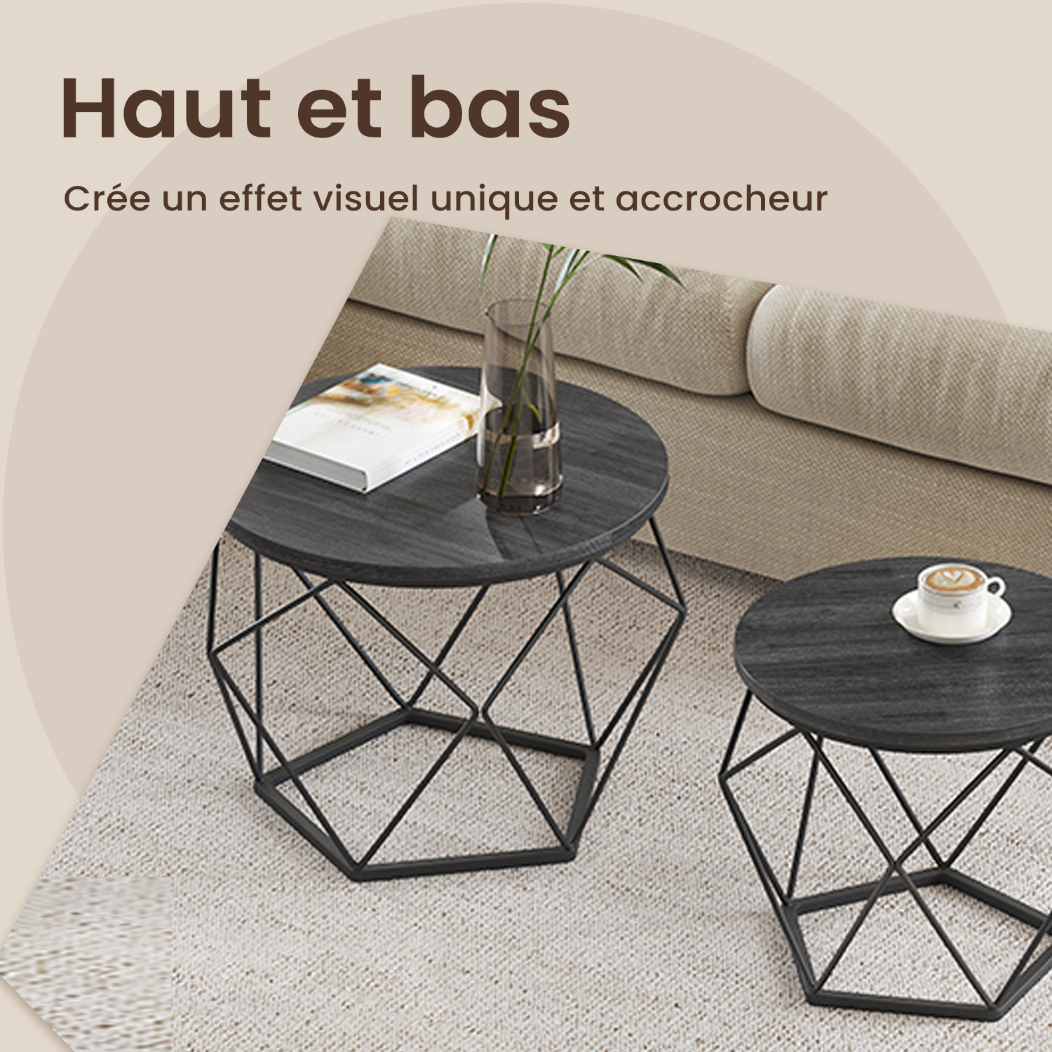 TEMU Table Basse Ronde, Lot de 2, Bout de Canapé, Style Moderne, Plateau Amovible, Cadre en Acier, pour Salon