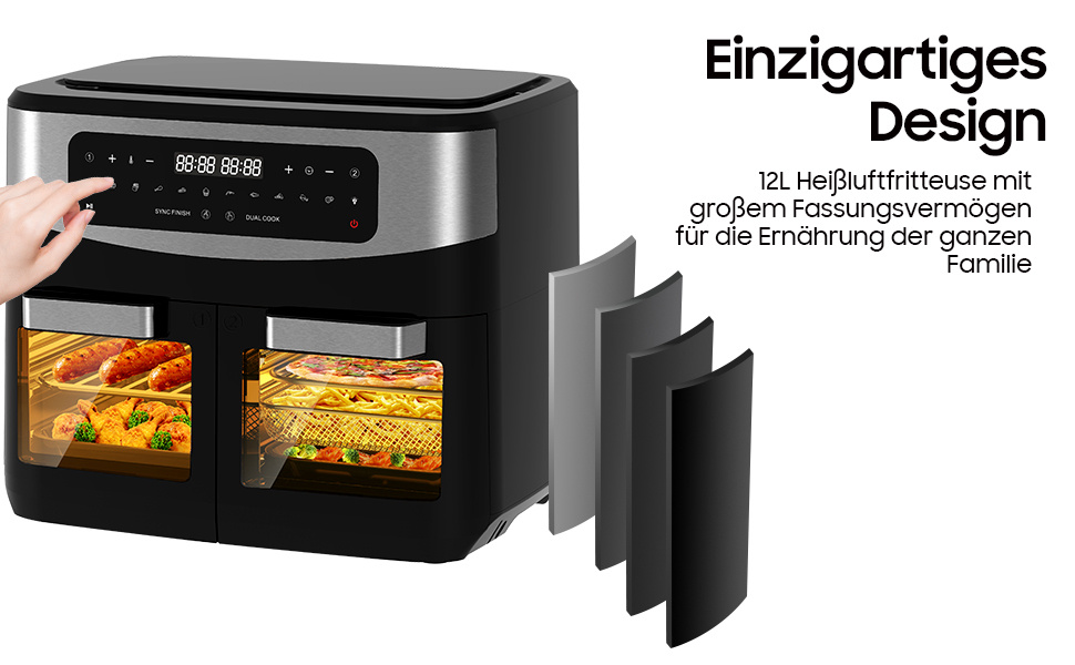 12L Hot Air Fryer Dubbele Kamer Airfryer - XXL Friteuse met Kijkvenster, LED Touchscreen, Airfryer met 2 Manden, 10 Programma's, Sync Finish & Dual Cook, Dehydrator Functie, 2600W