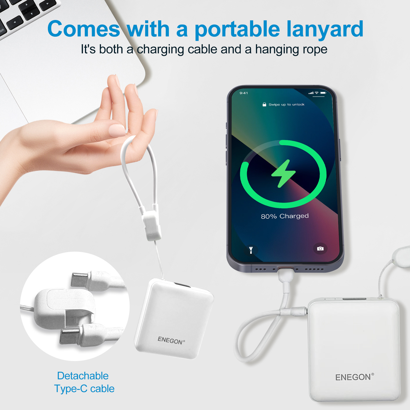 Batterie externe ENEGON 10000mAh 22.5W, charge rapide, chargeur portable avec affichage numérique de la batterie, pour iPhone 16/15/14/13/12/ pour Xiaomi/Samsung, chargement USB Type-C