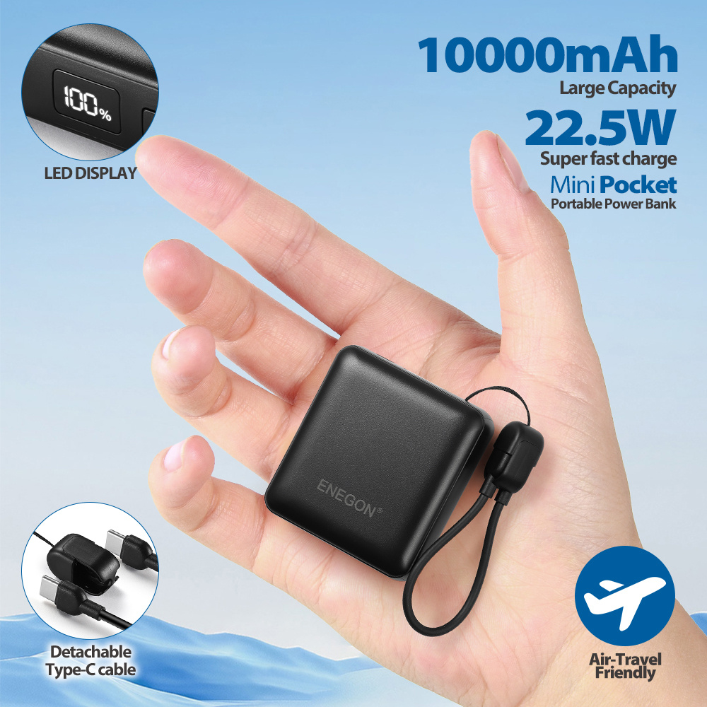 Batterie externe ENEGON 10000mAh 22.5W, charge rapide, chargeur portable avec affichage numérique de la batterie, pour iPhone 16/15/14/13/12/ pour Xiaomi/Samsung, chargement USB Type-C