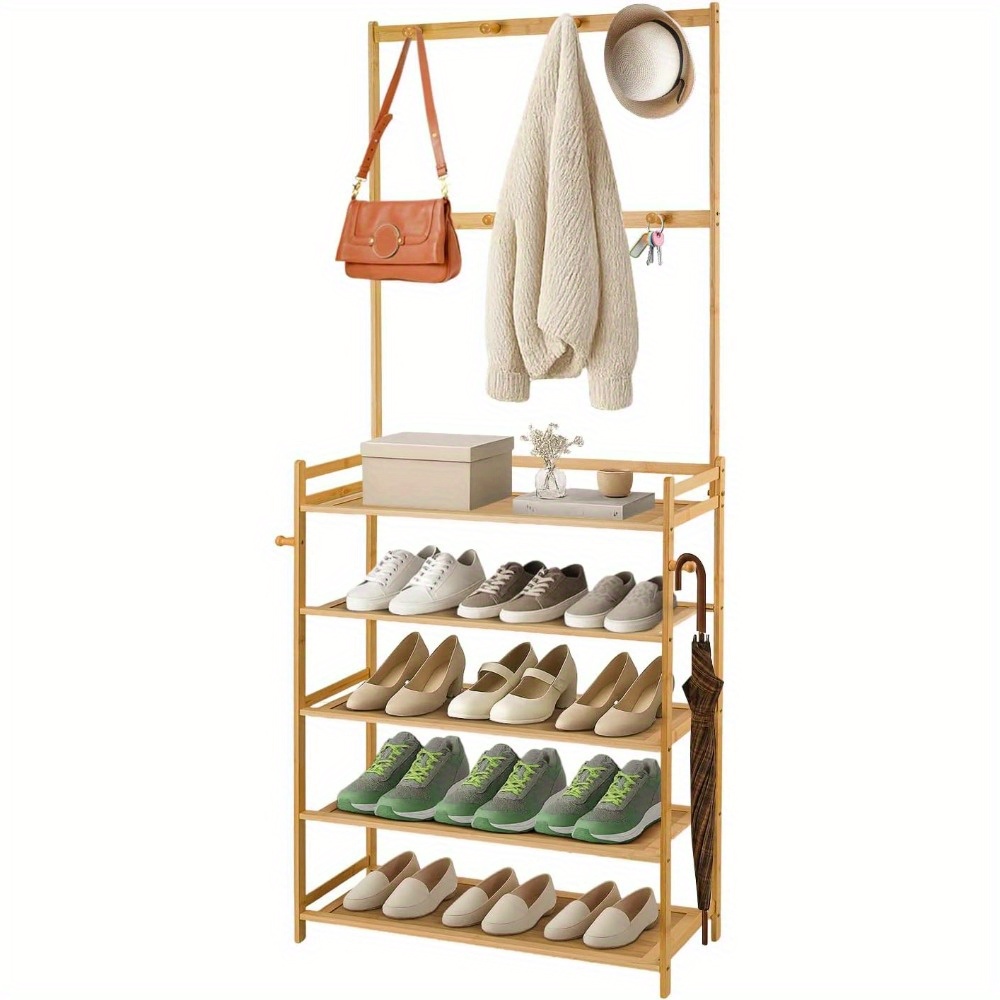 Bamboo Wardrobe Shoe Rack 5-tier Wardrobe 2-in-1 With Hooks And Shelves Freestanding High Shoe Rack For For Bedroom Dormitory Apartment Living Room
