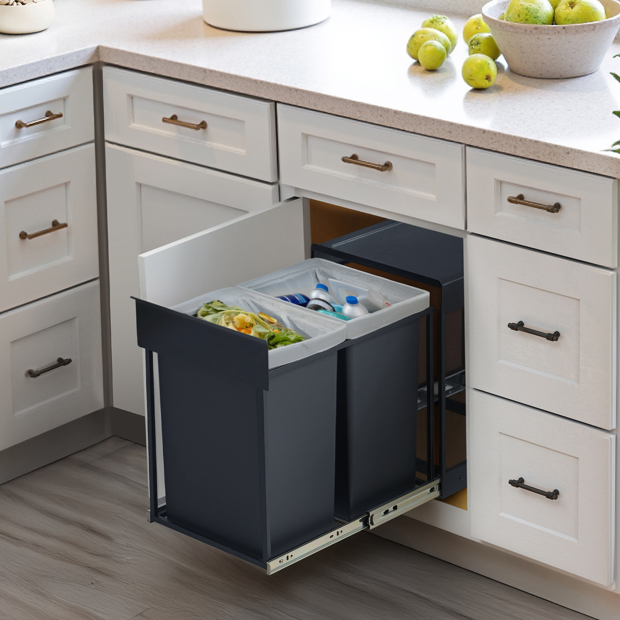 TEMU Trash Can Kitchen, 2 X , Waste Bin For Under The Worktop, Trash Compartments, Waste System For Base Cabinet, Pull-out Trash Can With Telescopic