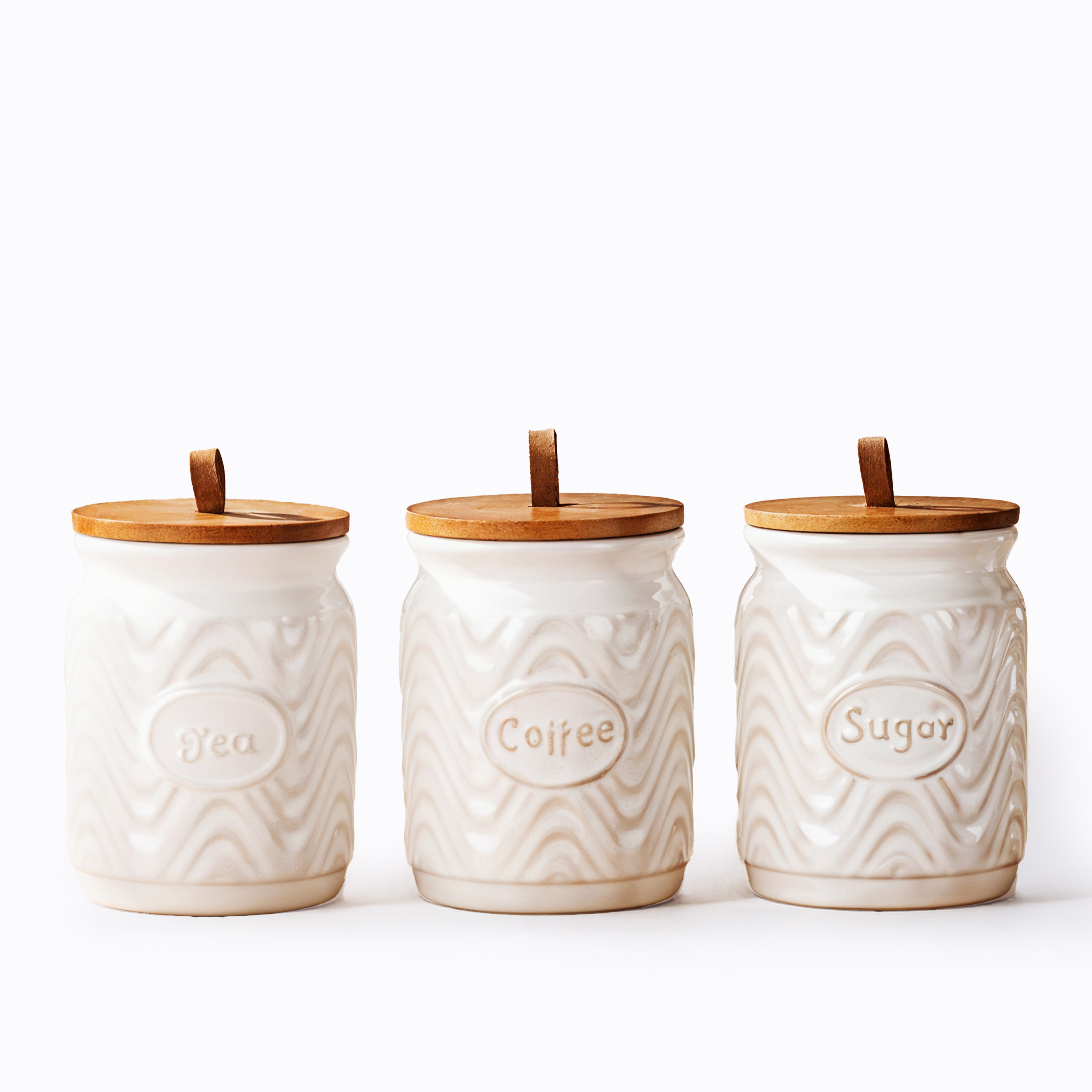 TEMU 3pcs Ceramic Kitchen Canister Set With Bamboo Lids – Tea, Coffee, Sugar Storage Jars | White Glaze Airtight Containers | Vintage Caddy Set For